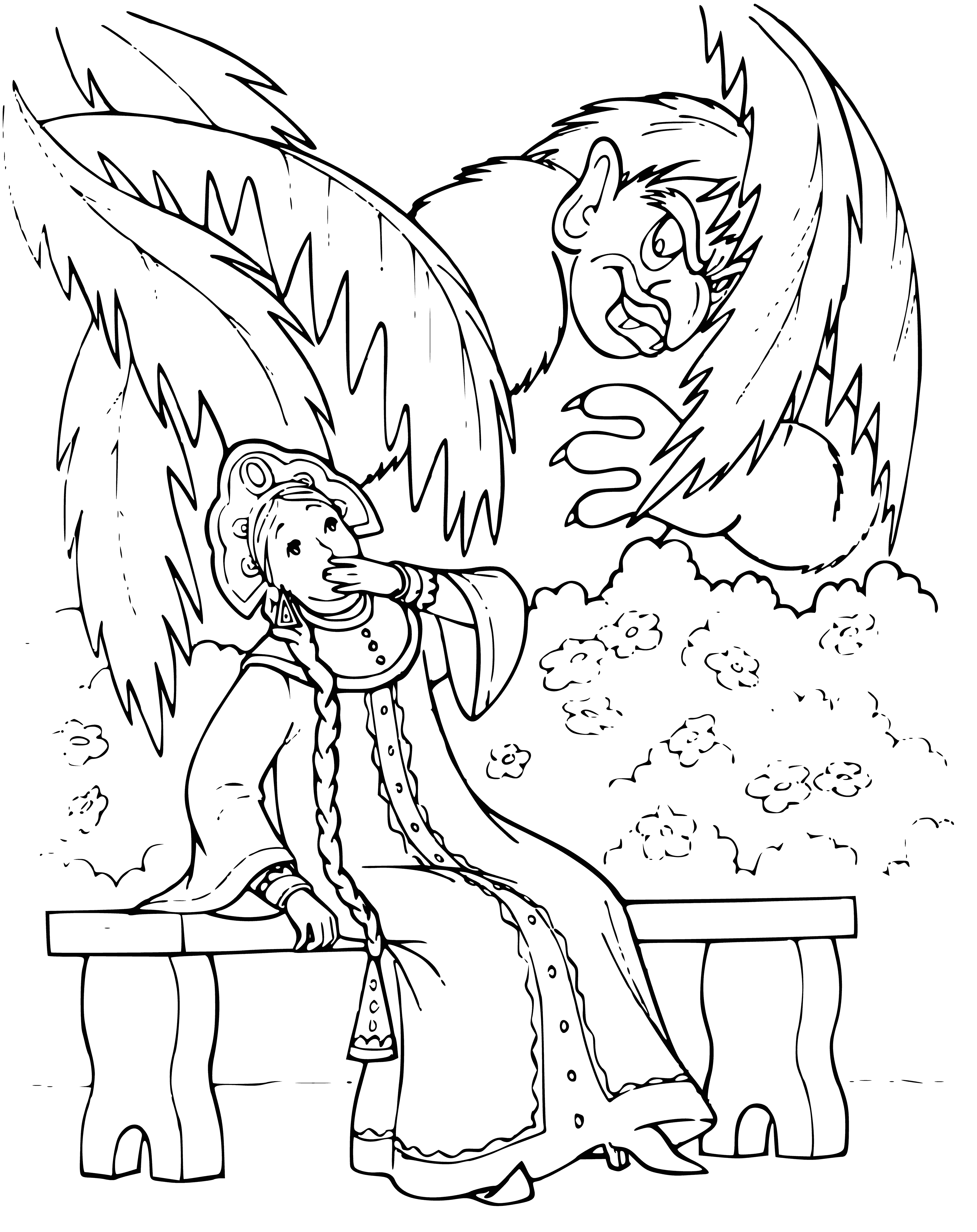 coloring page: Picture with characters from the fairy tale "Scarlet Flower", depicting a girl and a monster against the background of bushes with flowers.