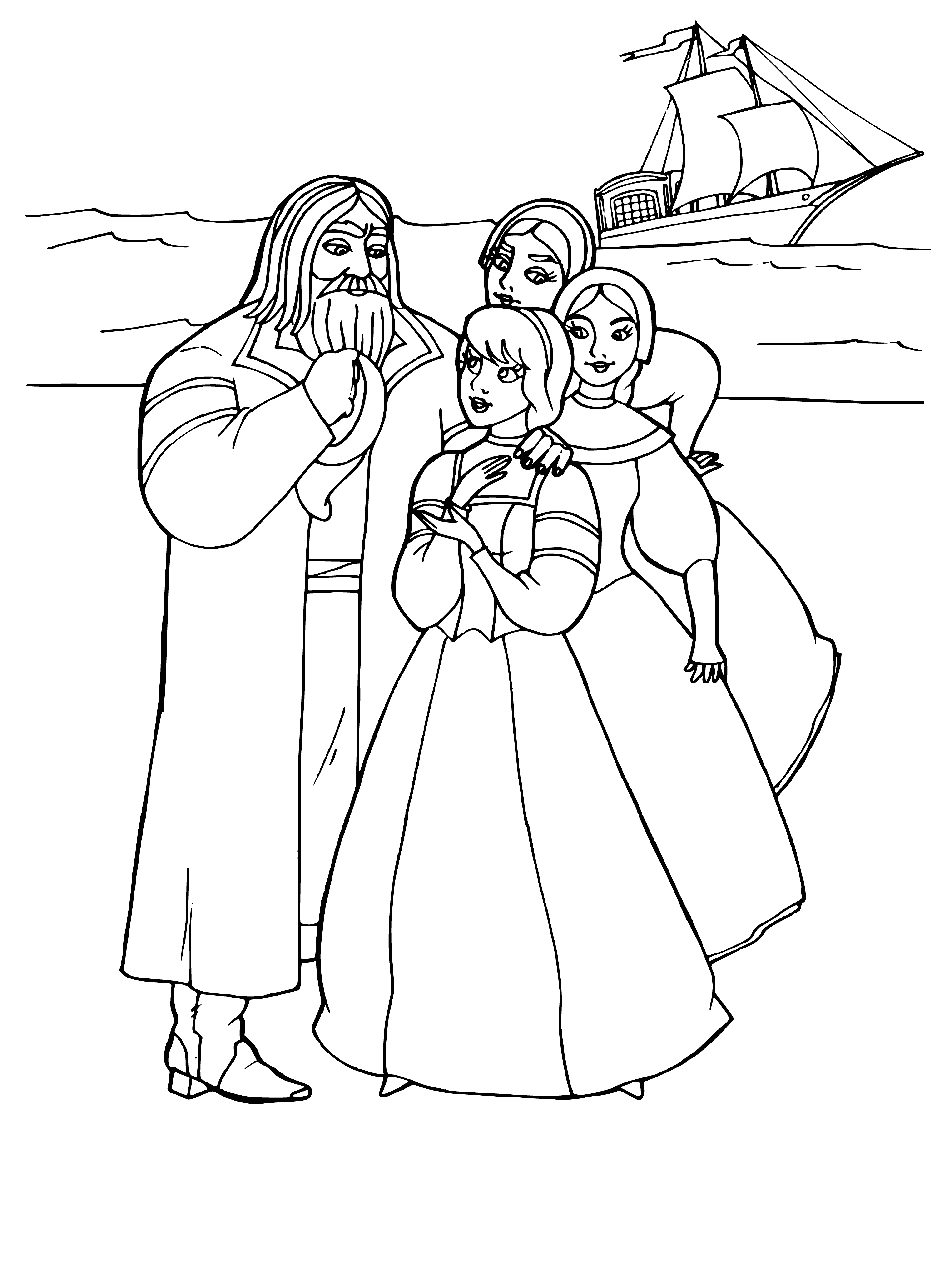 coloring page: Scene with the merchant and his daughters against the background of the sea and the ship