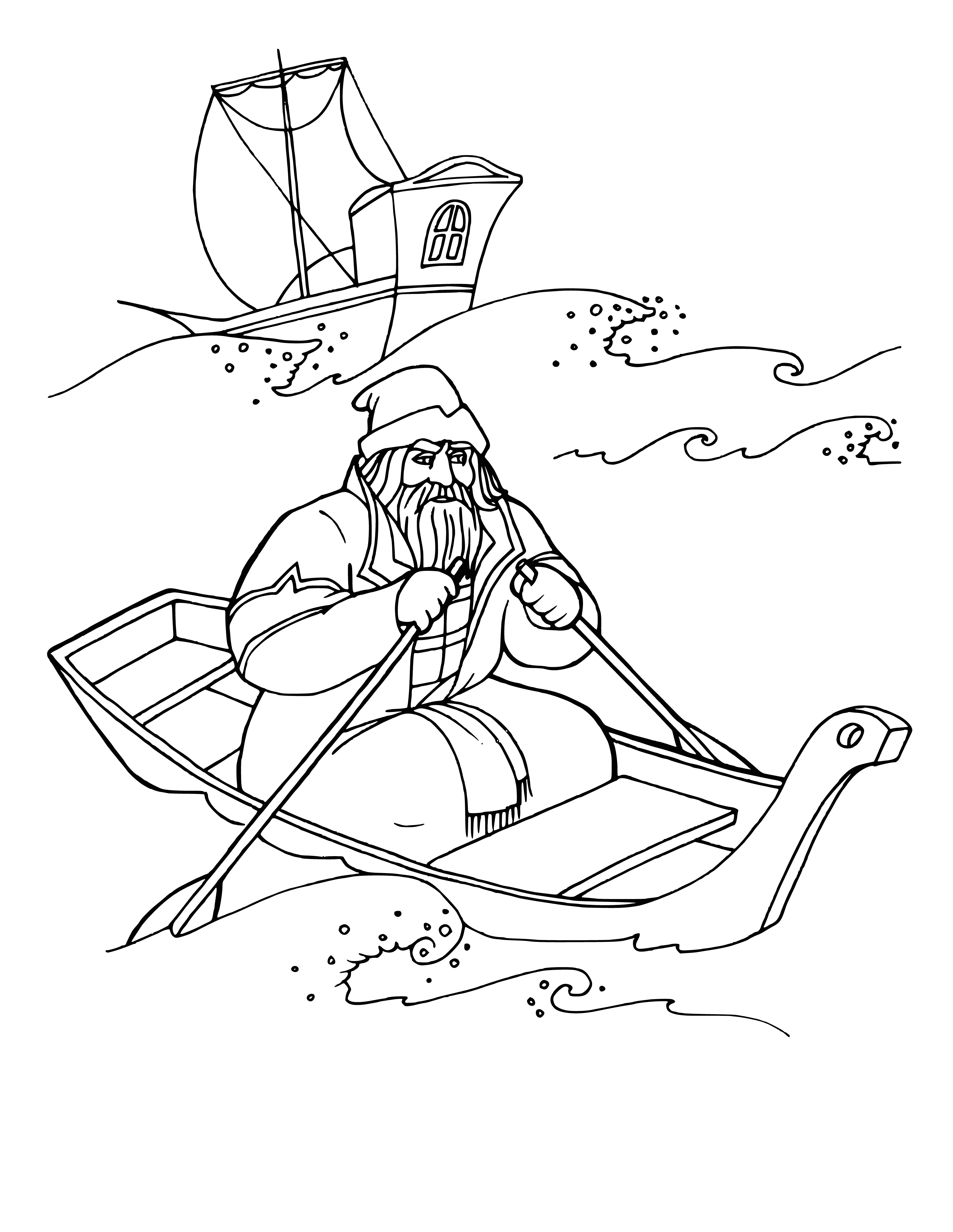 coloring page: A merchant rows in a boat, a ship is seen in the distance.