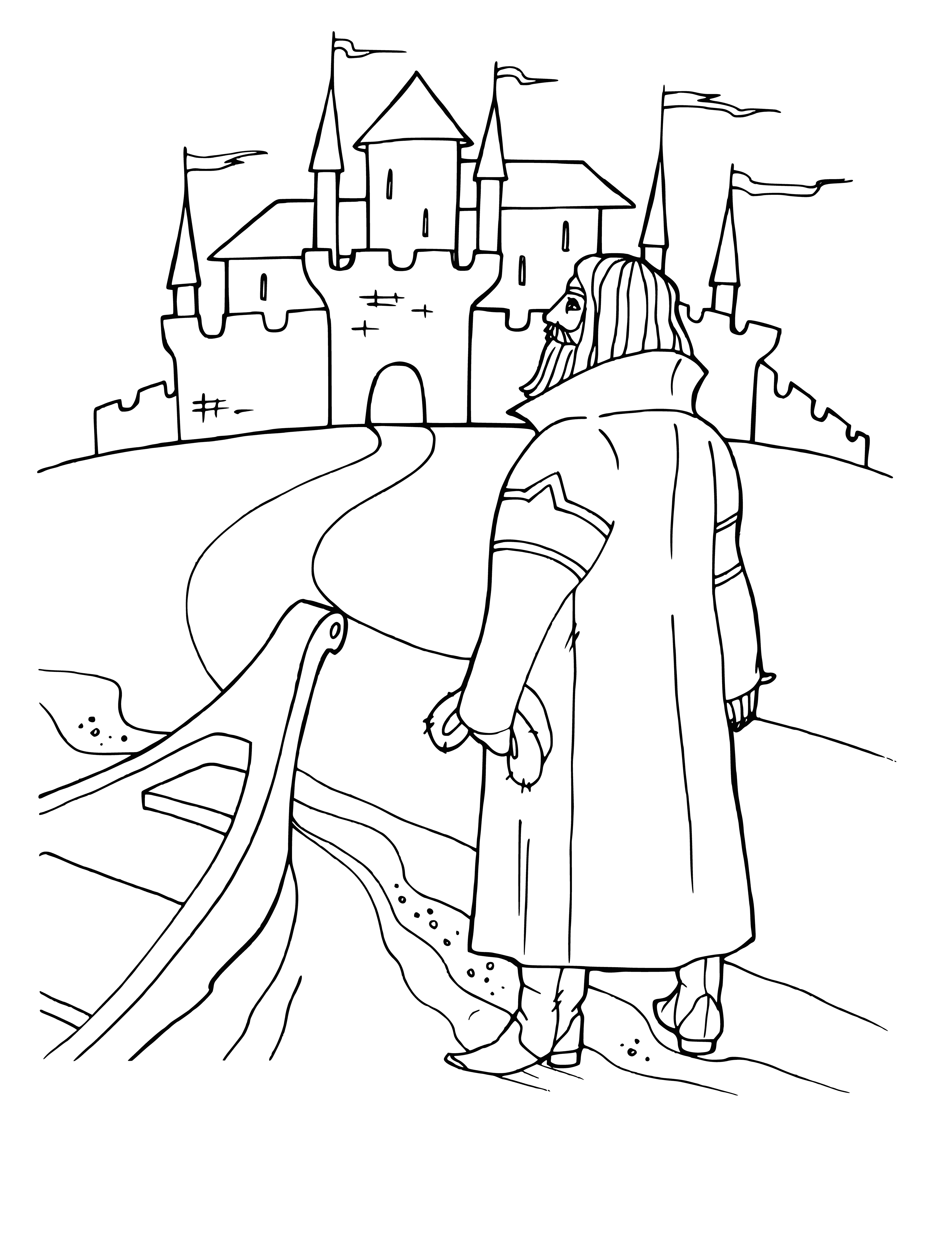 coloring page: Illustration for the fairy tale Scarlet Flower, depicting a character standing by the road with a castle in the distance.