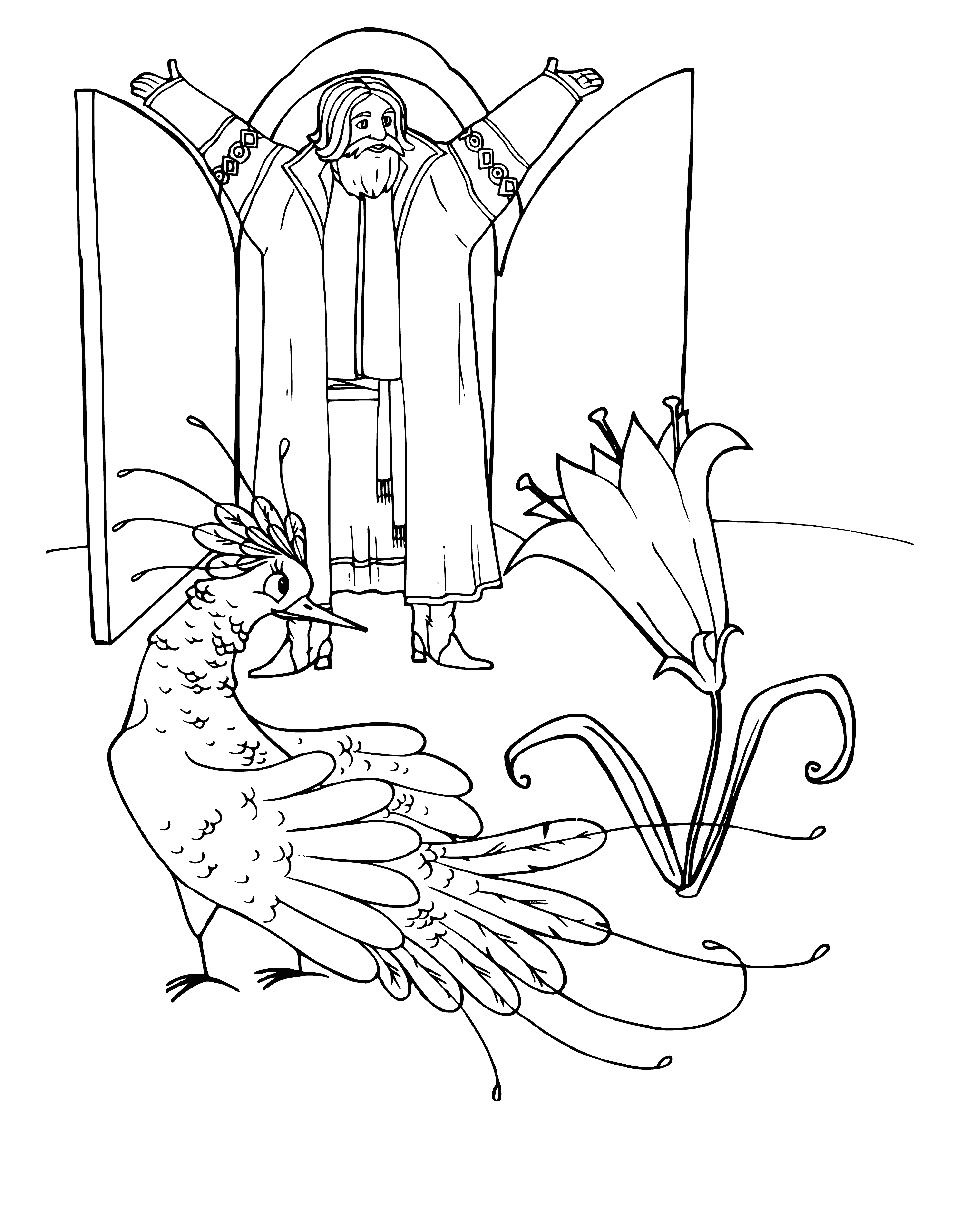 coloring page: Illustration to the fairy tale A scarlet flower with a flower and a fantastic creature