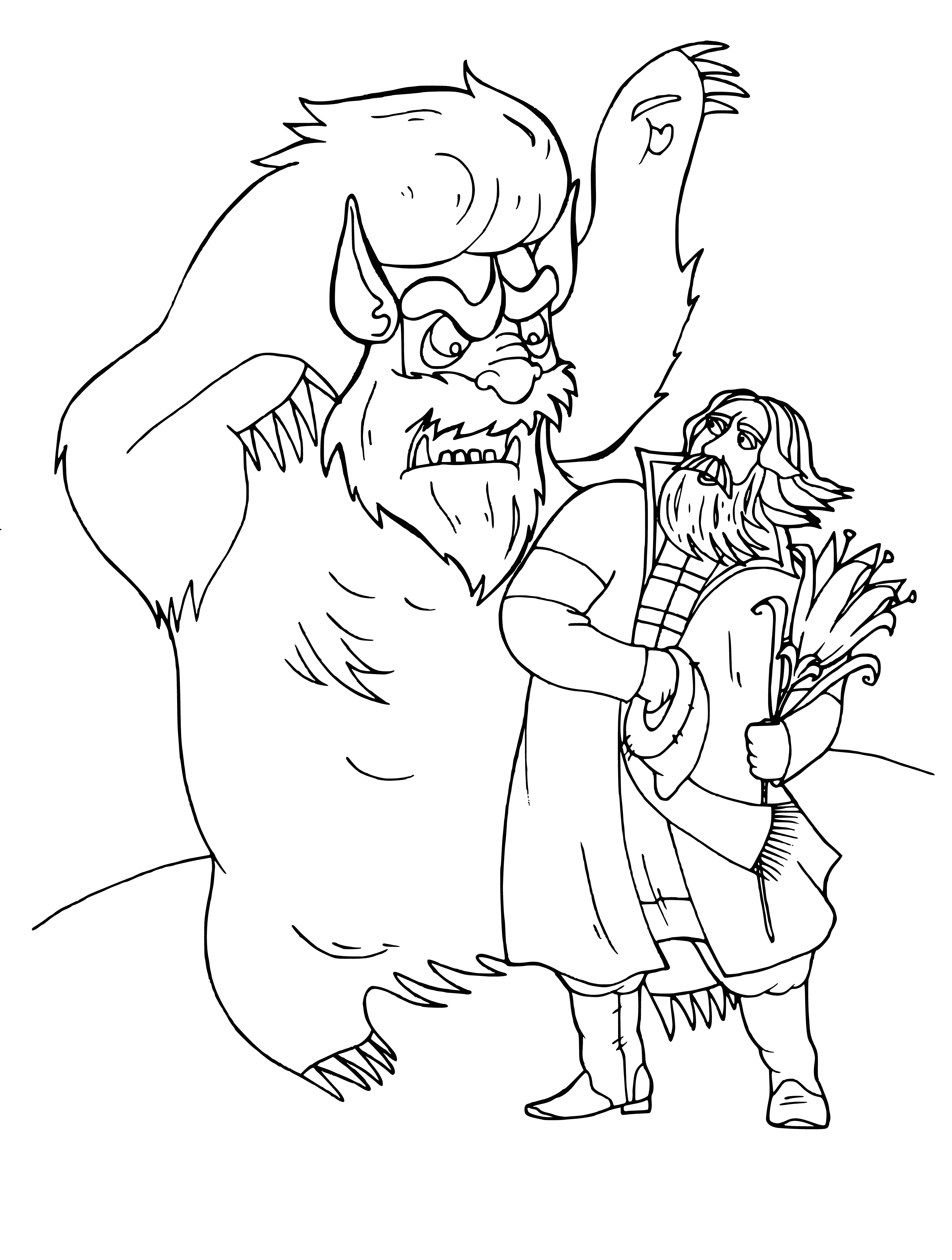 coloring page: Illustration from the fairy tale Scarlet Flower, depicting a monster and a man with flowers