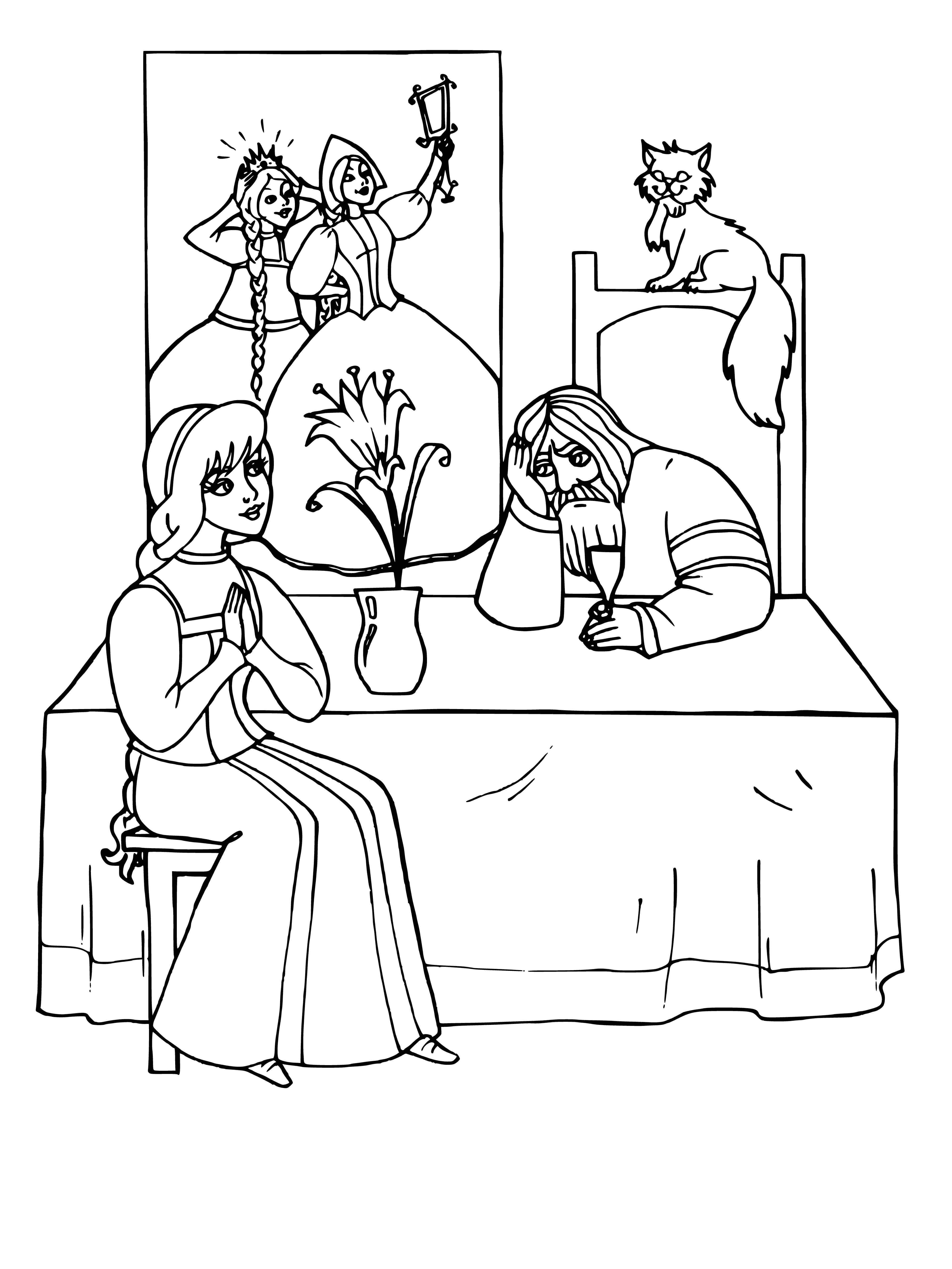 coloring page: The merchant and his daughter in the fairy tale Scarlet flower