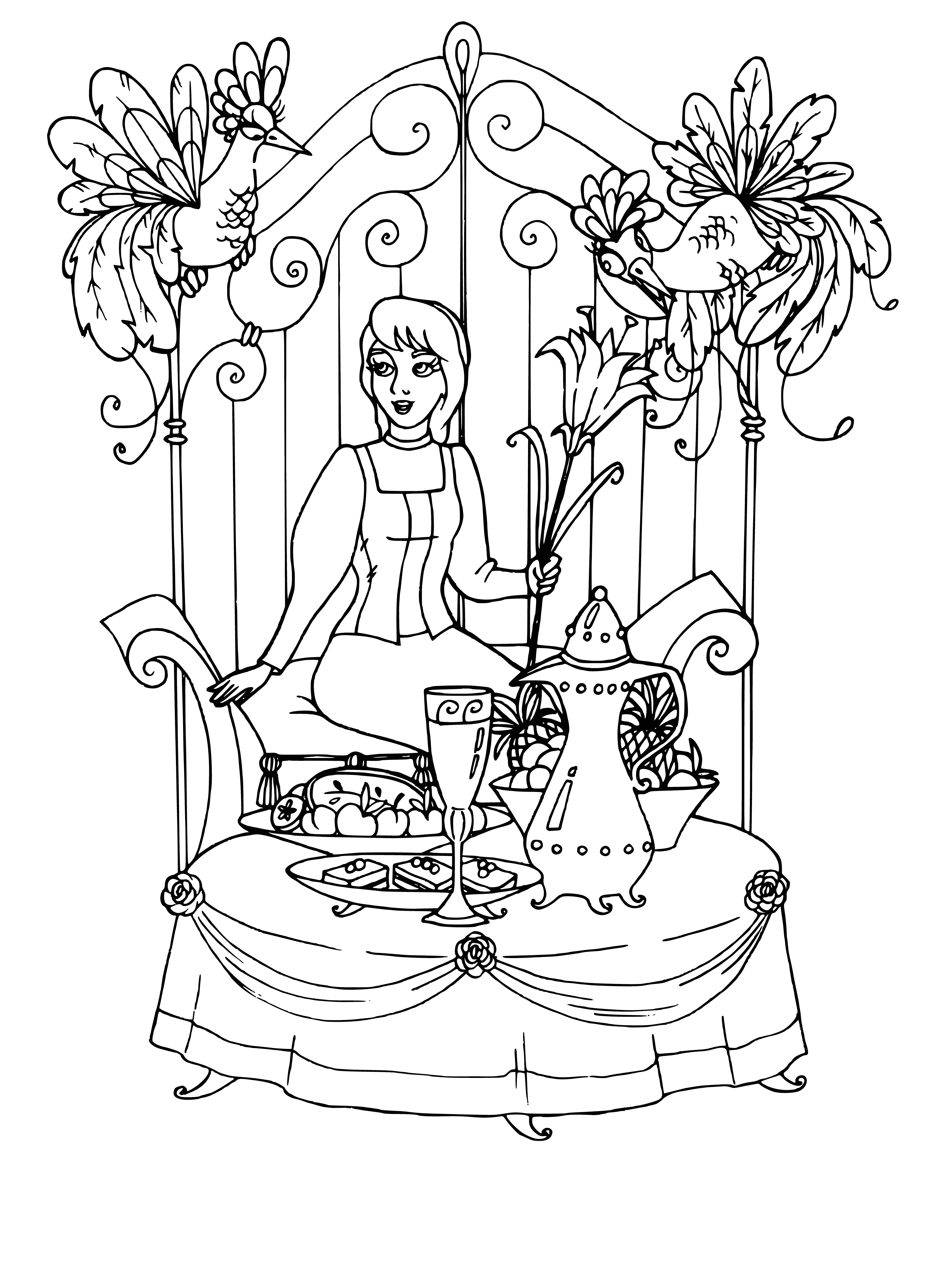 coloring page: Illustration to S.T. Aksakov's fairy tale "Scarlet Flower", depicting a girl in a wonderful garden.