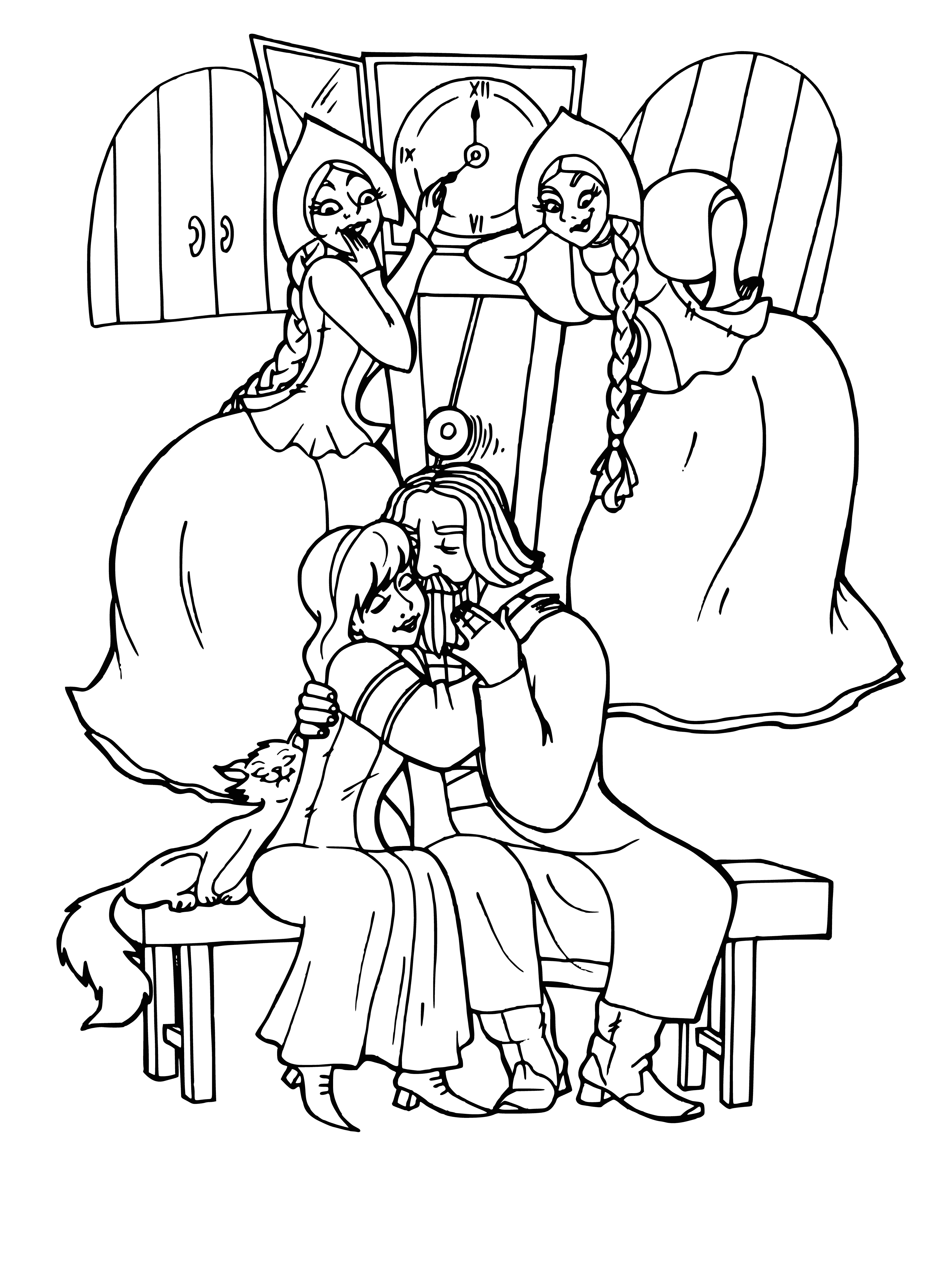 coloring page: Illustration to Aksakov’s fairy tale “Scarlet Flower”, a scene with envious sisters