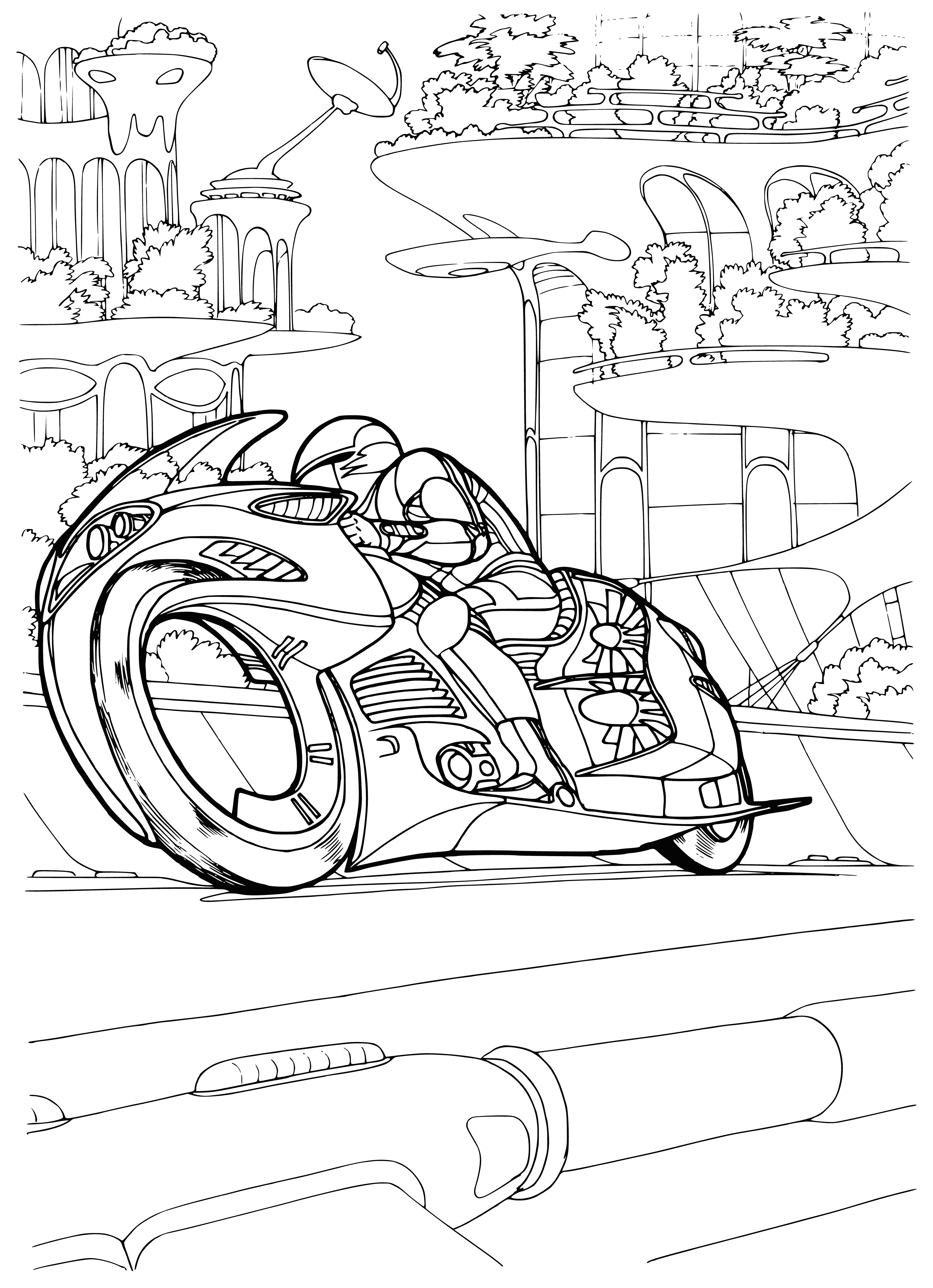 kolorowanka: Rysunek prototypu motocykla na tle futurystycznego miasta