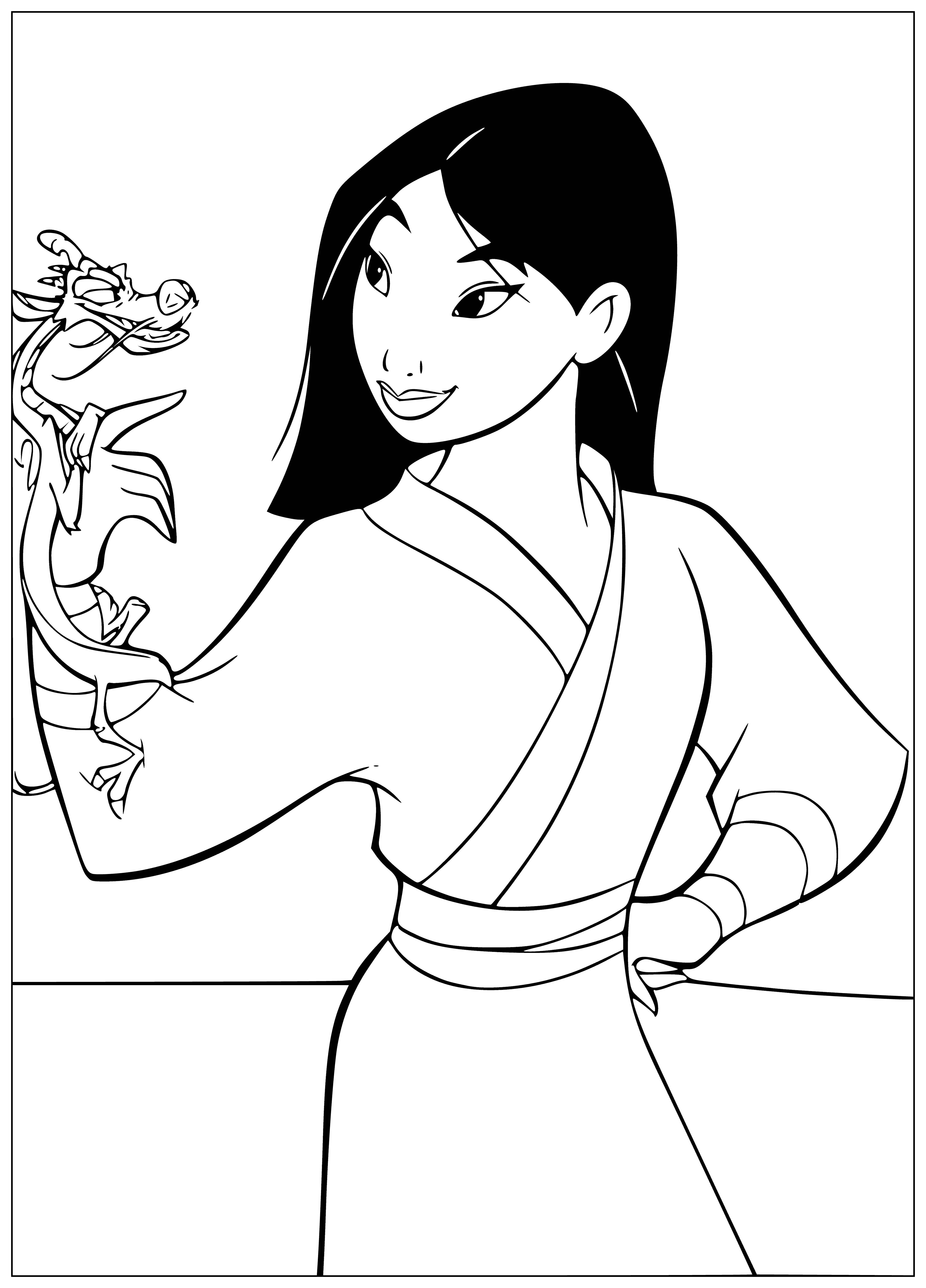 pagina da colorare: Mulan con Mushu sulla sua mano, libro colorante