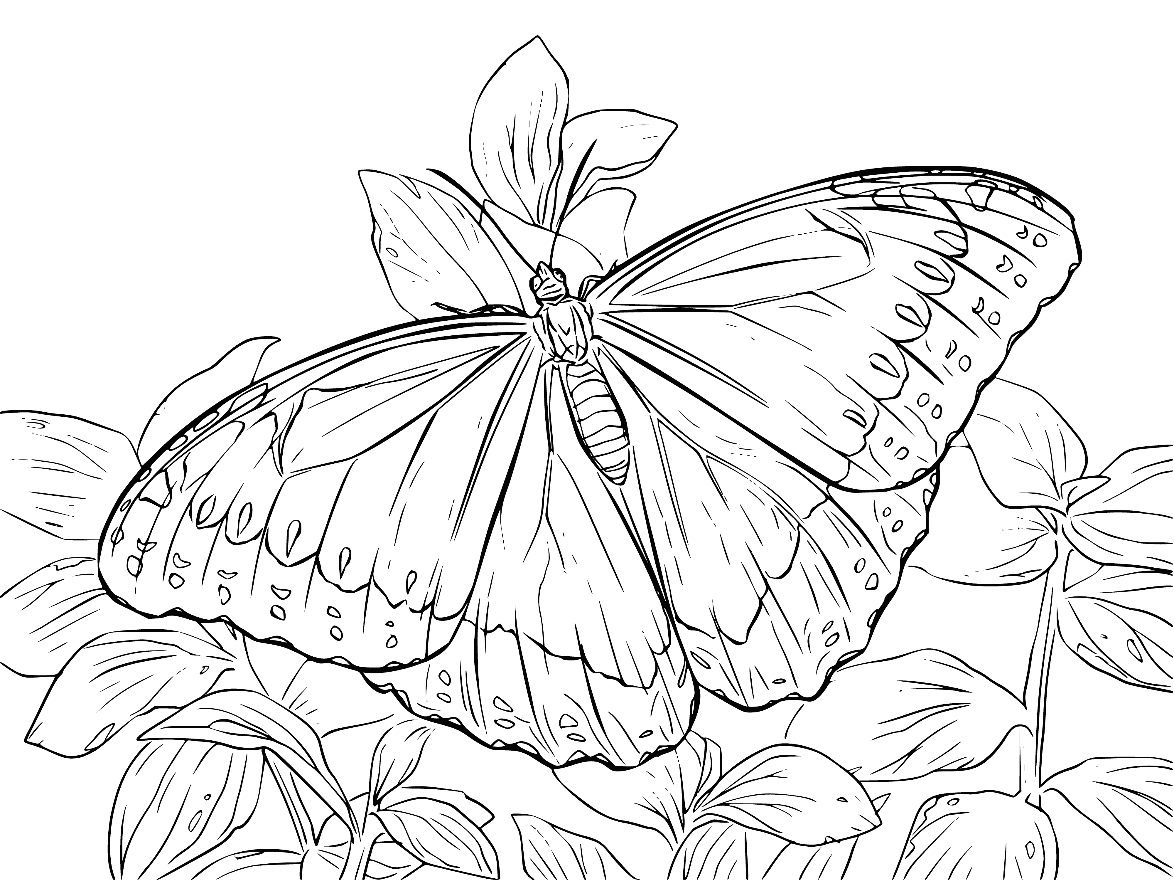 coloring page: Black and white coloring of a butterfly against the background of plants