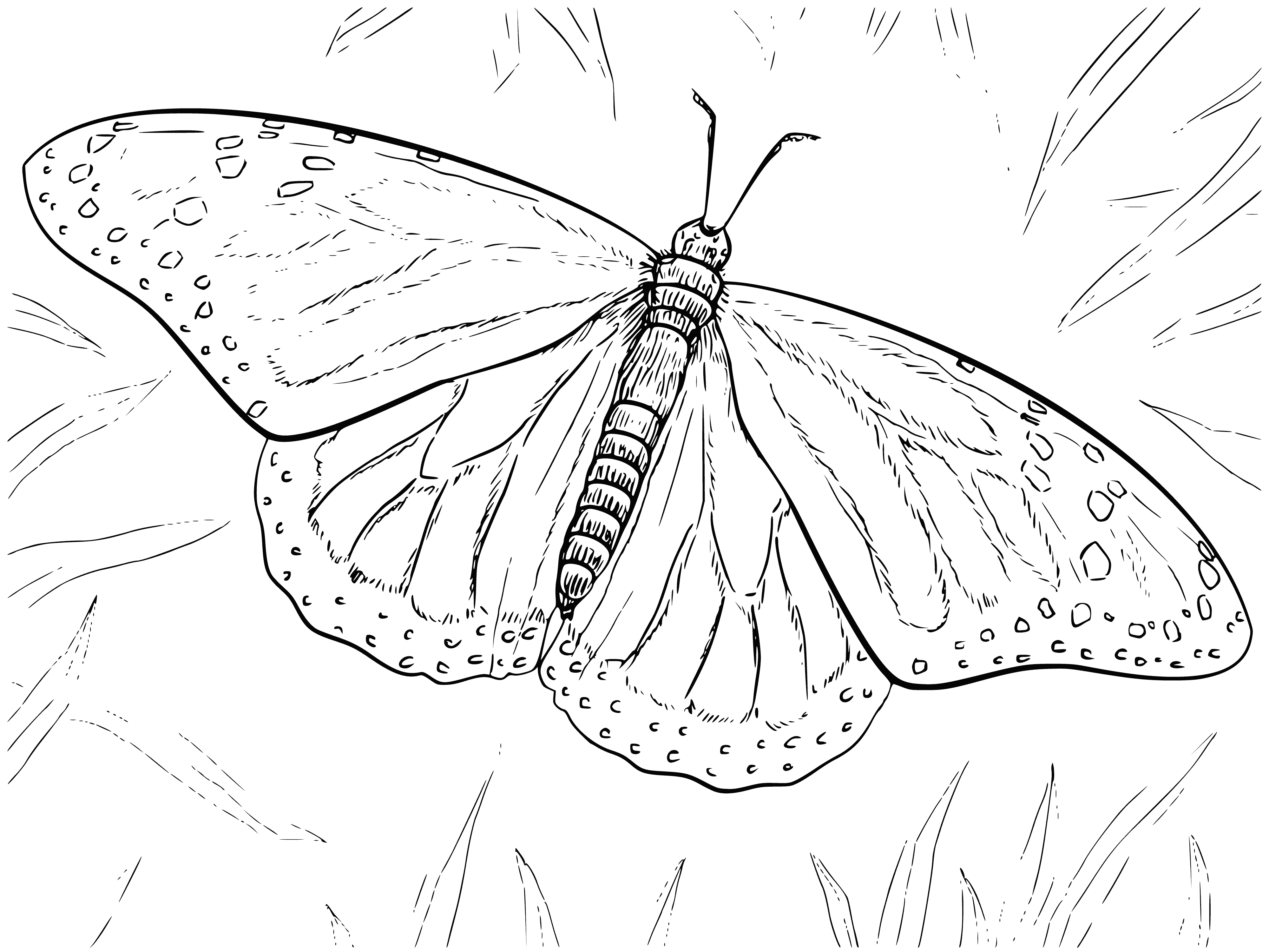 coloring page: Black and white coloring of a butterfly against the background of grass