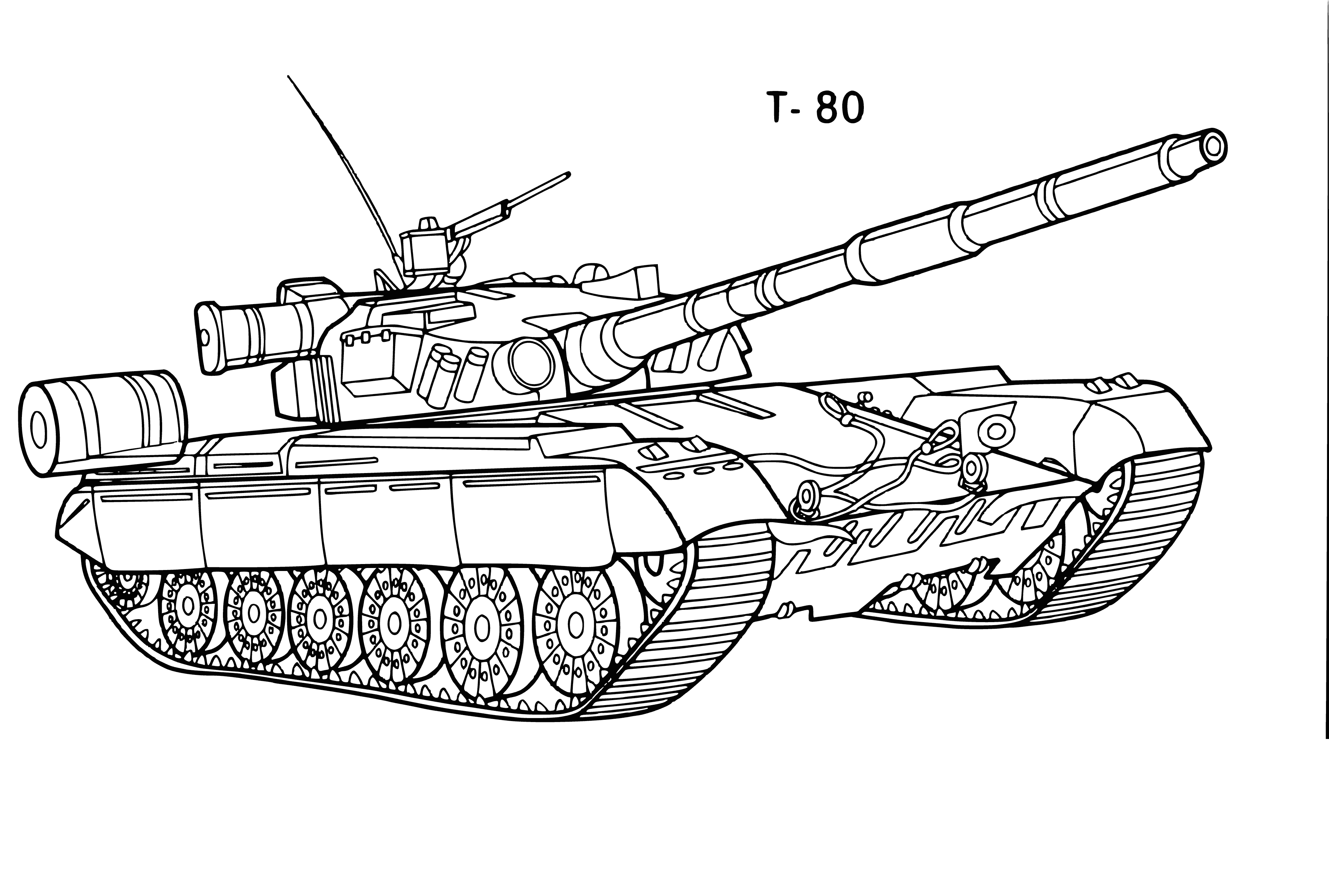 coloring page: Contour image of the T-80 tank with a description