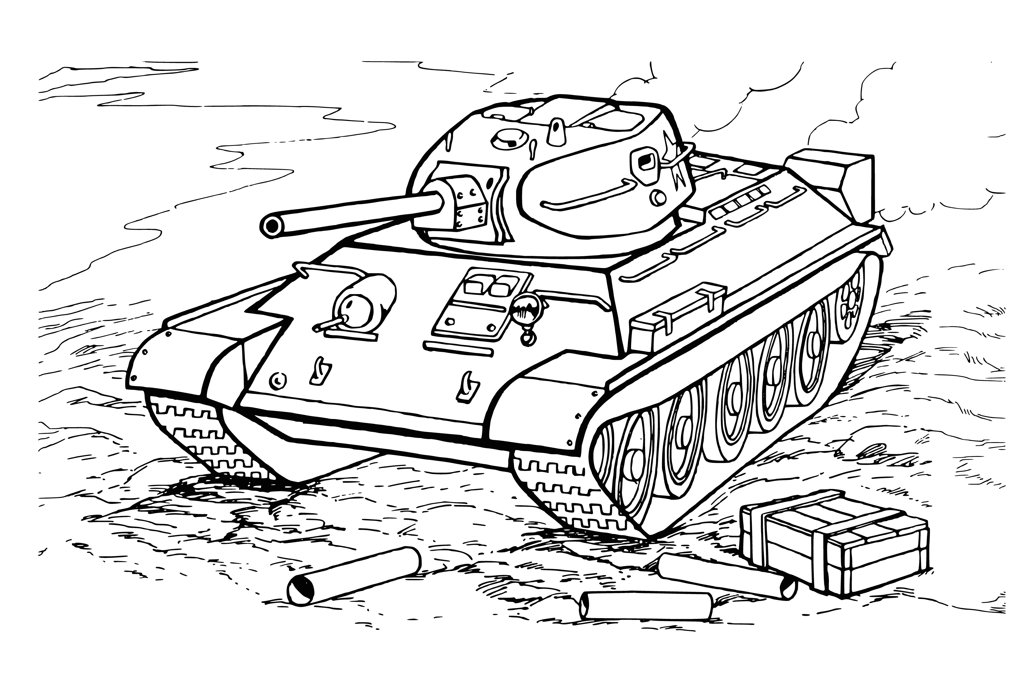 coloring page: Coloring of the T-34 tank against the background of the field