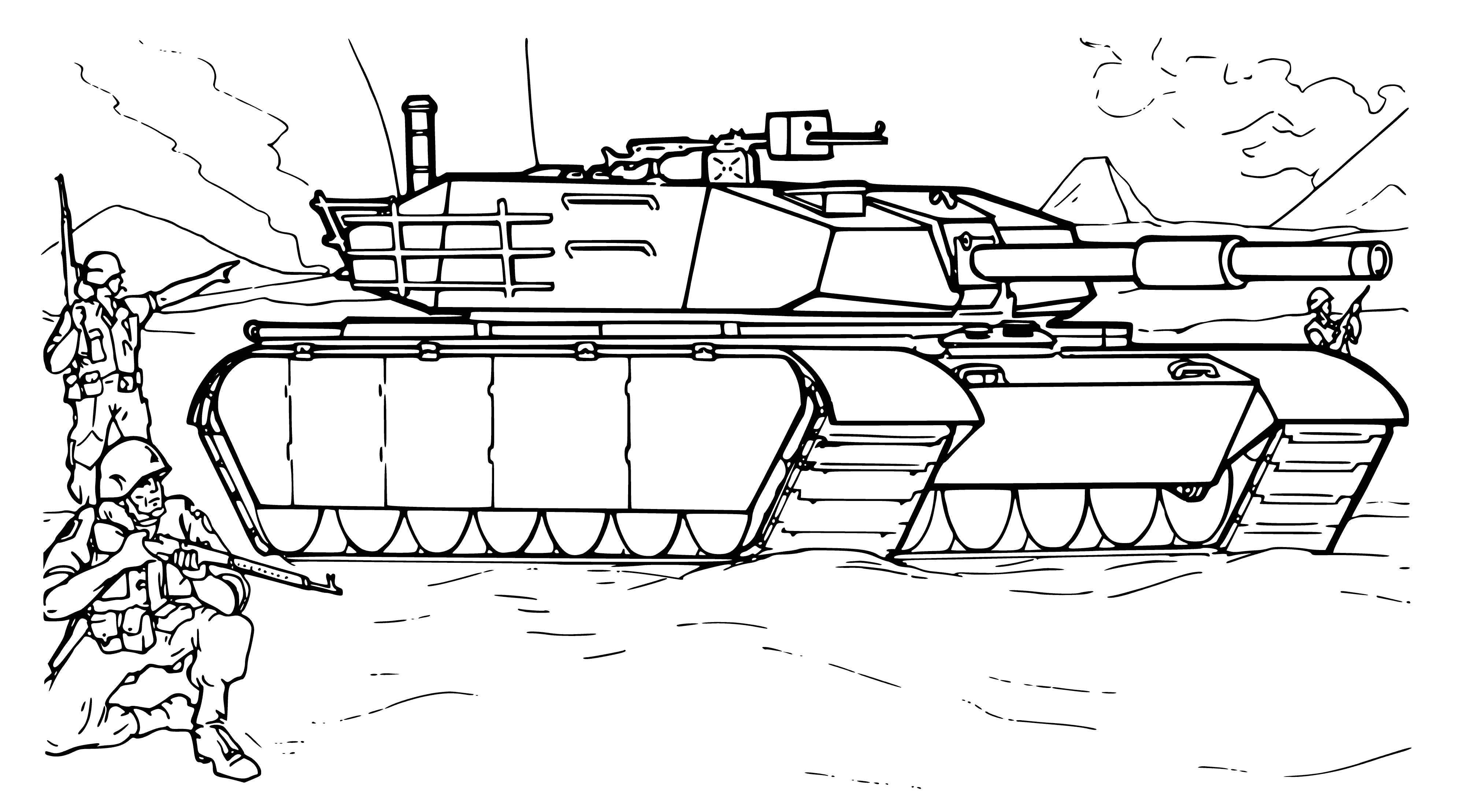 coloring page: Drawing of the M1 A1 Abrams tank with brief information about it.