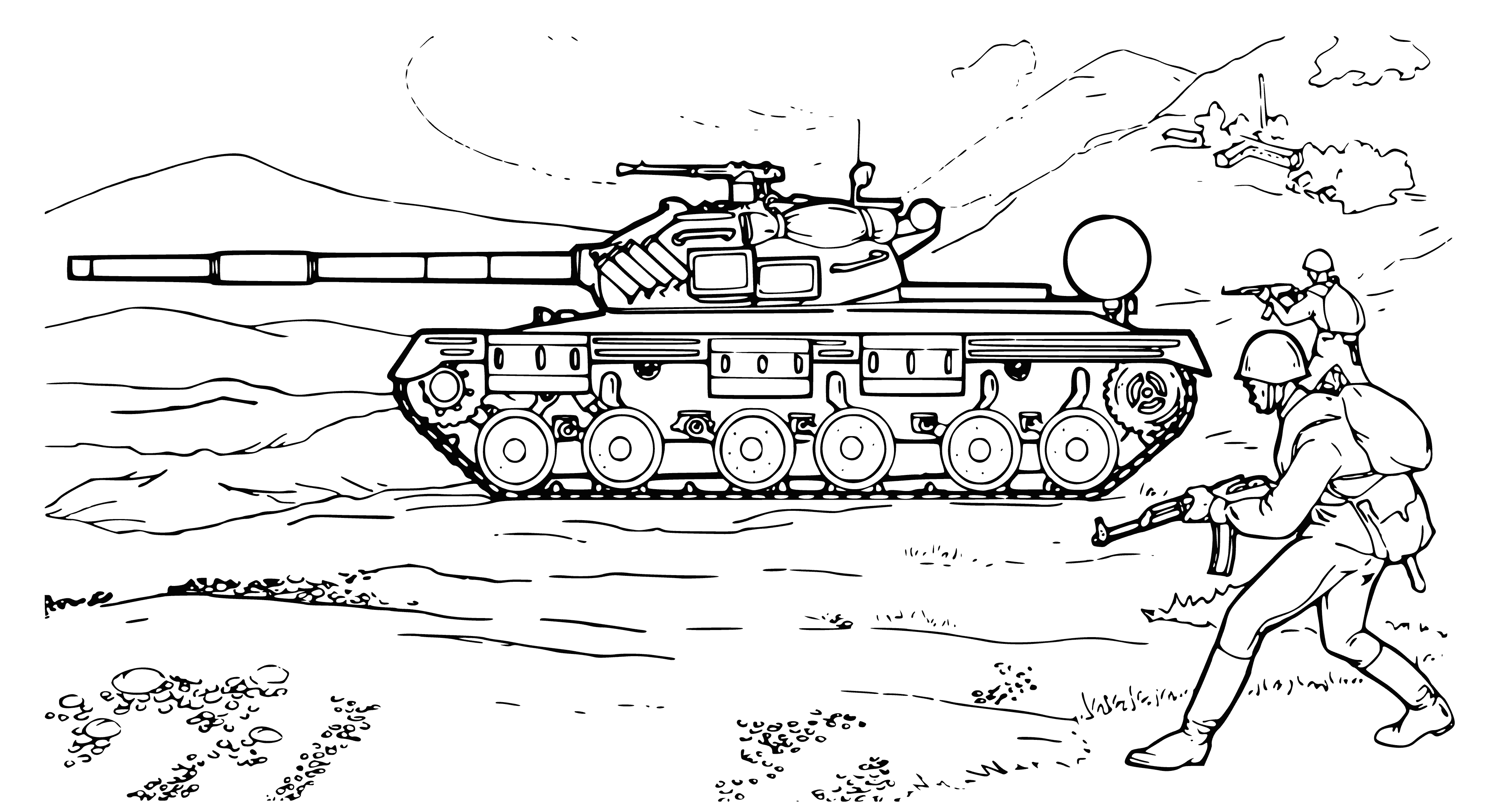 coloring page: T-64 main tank of the USSR, 1967. A tank against a mountain and a soldier with a gun.