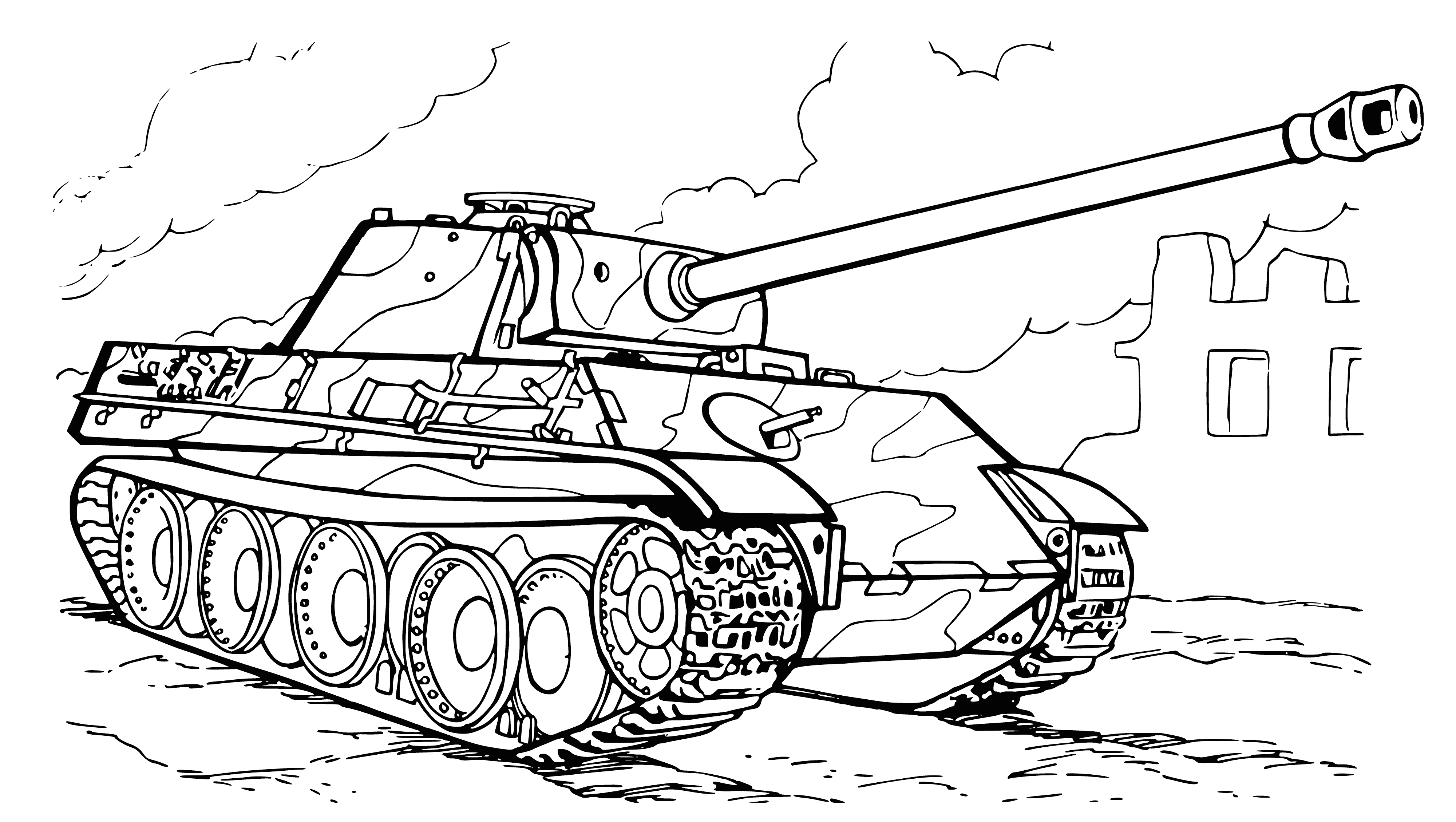 coloring page: The 1943 PzKpfw V Panther is a German tracked medium tank.