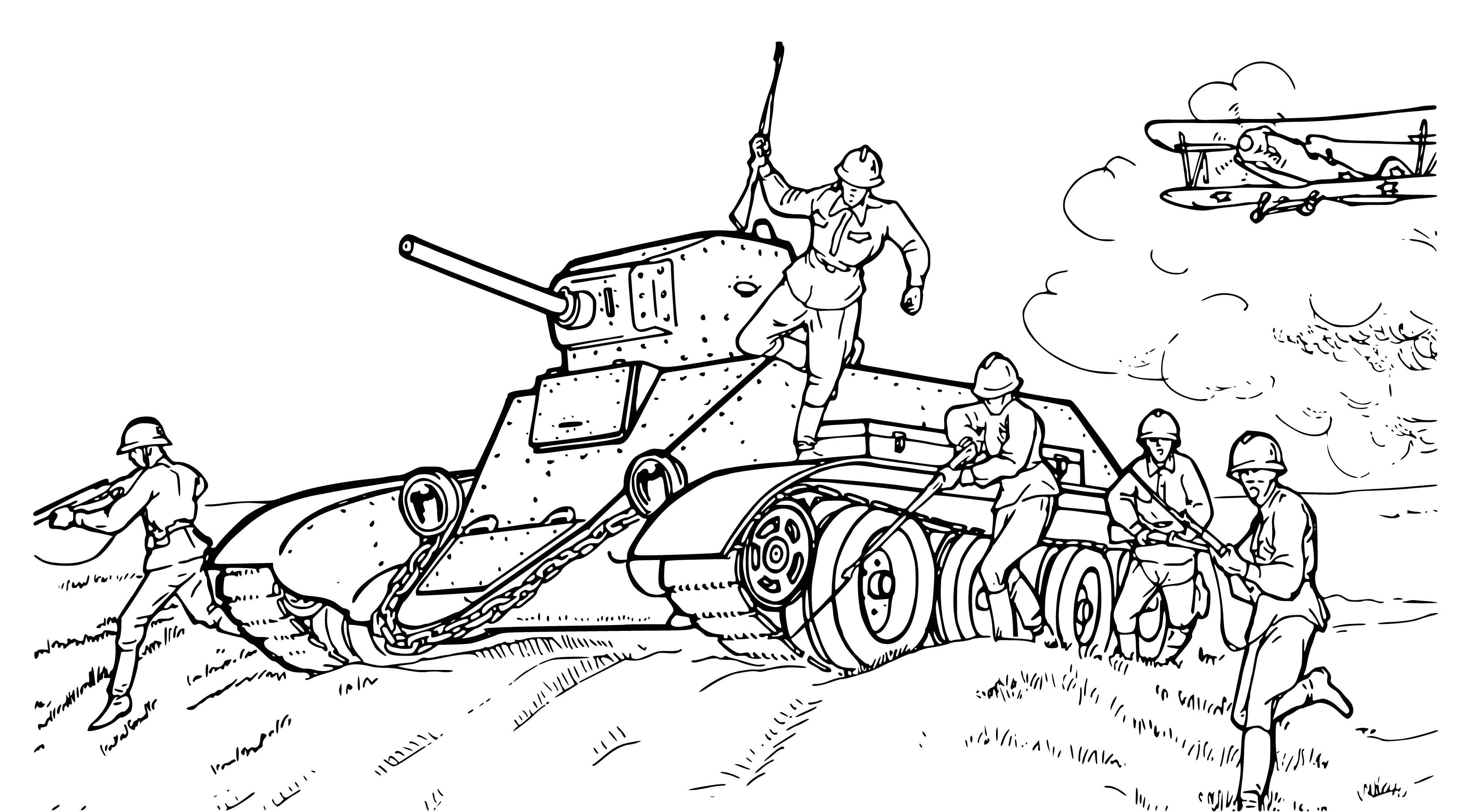 coloring page: Drawing of light tank BT-1 with fighters and aircraft in the sky