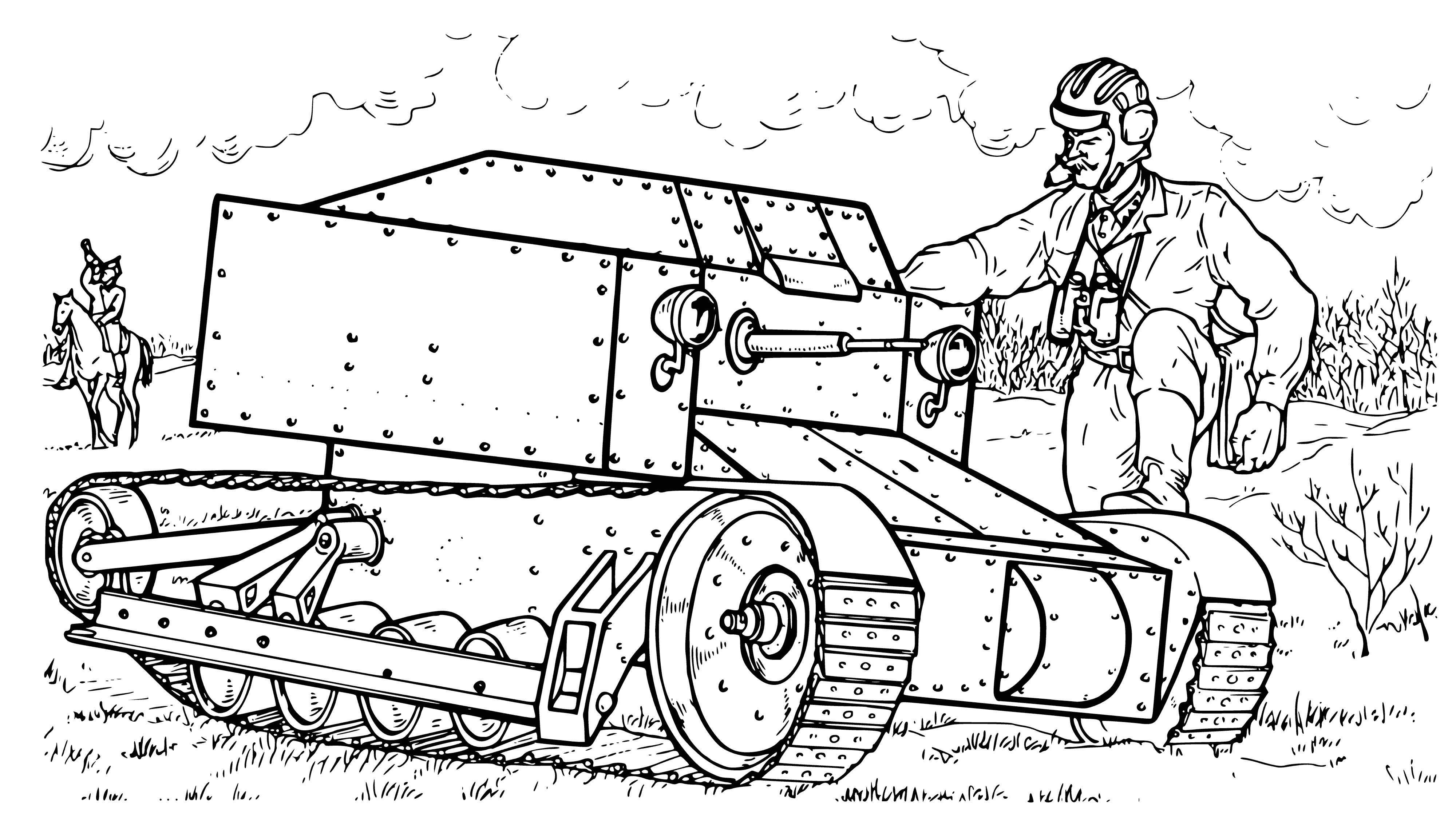 coloring page: T-27 tankette drawing with description of characteristics