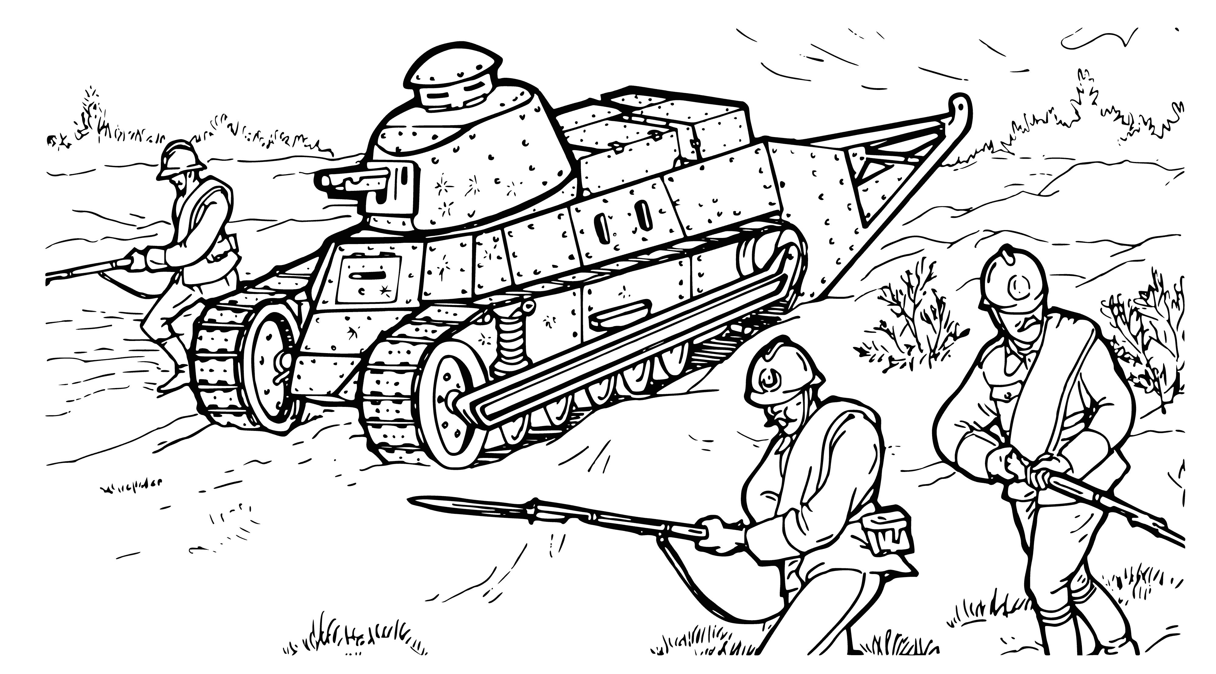 coloring page: Drawing light tank FT-17 Renault with soldiers