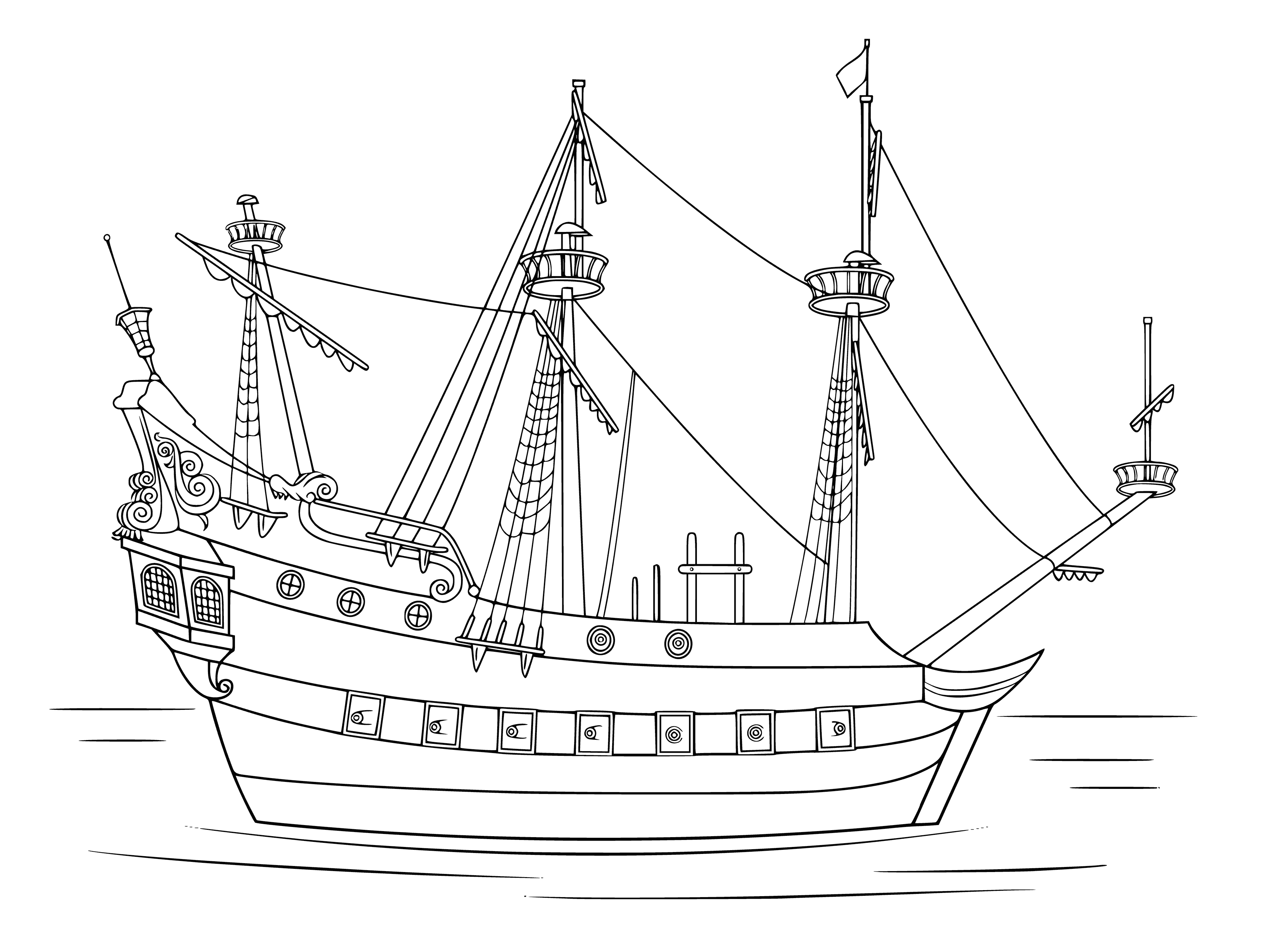 coloring page: Picture of an ancient ship with sails and masts for coloring