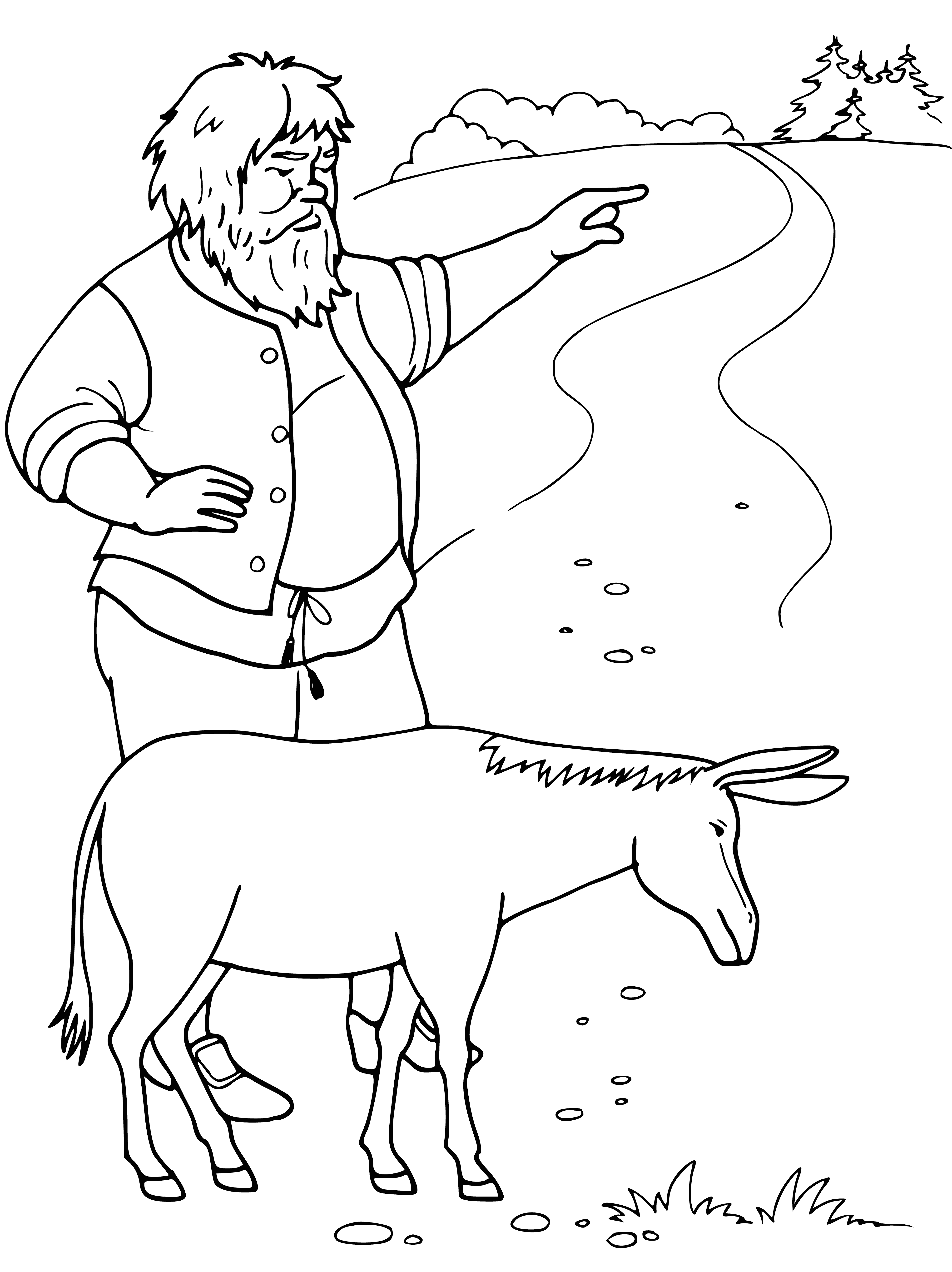 coloring page: Illustration from the fairy tale of the Brothers Grimm, which depicts a man and a donkey.