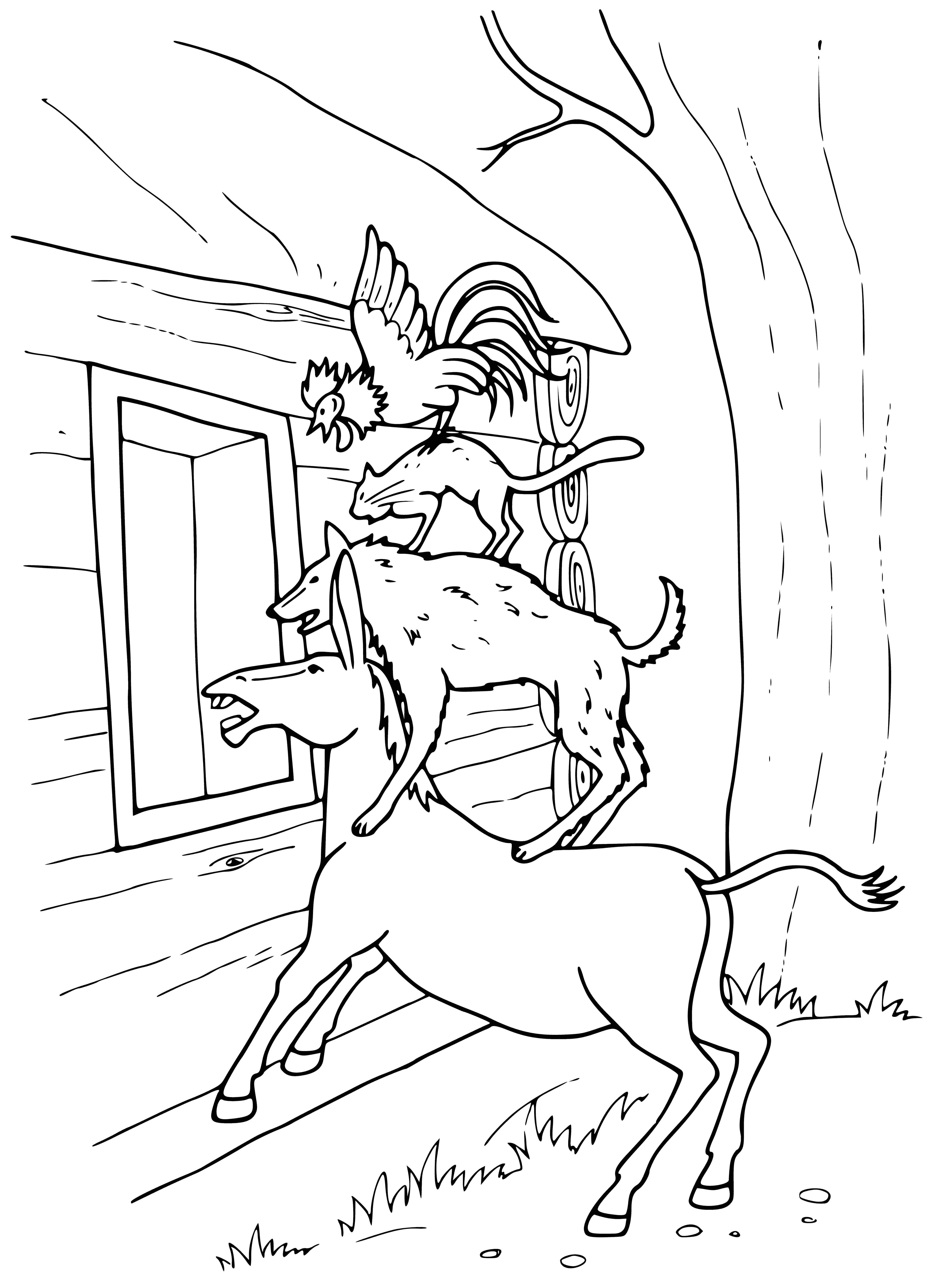 coloring page: Picture with animals on paint: a donkey with a dog and a rooster