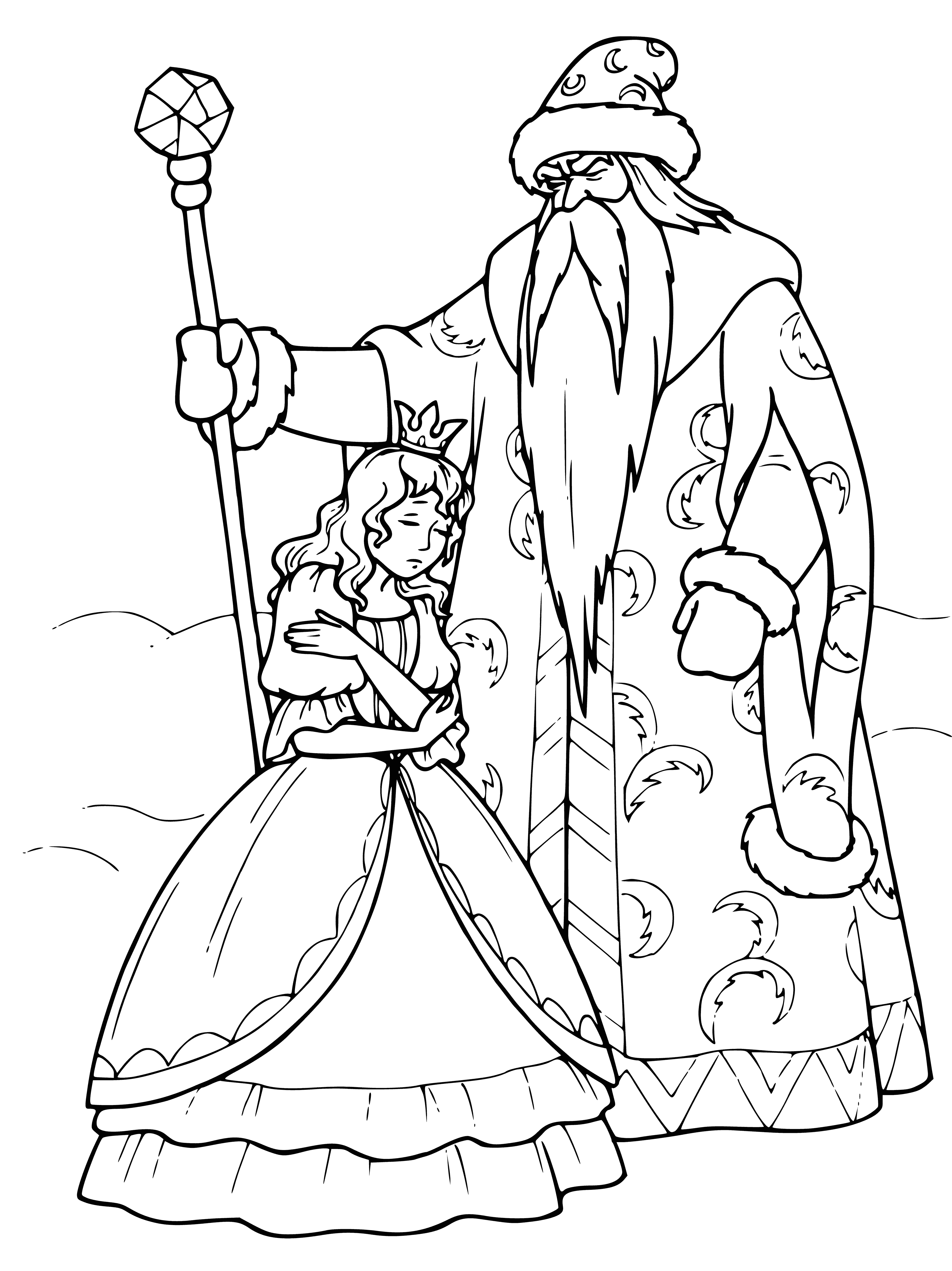 coloring page: Illustration from the fairy tale of the Brothers Grimm: the Queen and the old man with a staff