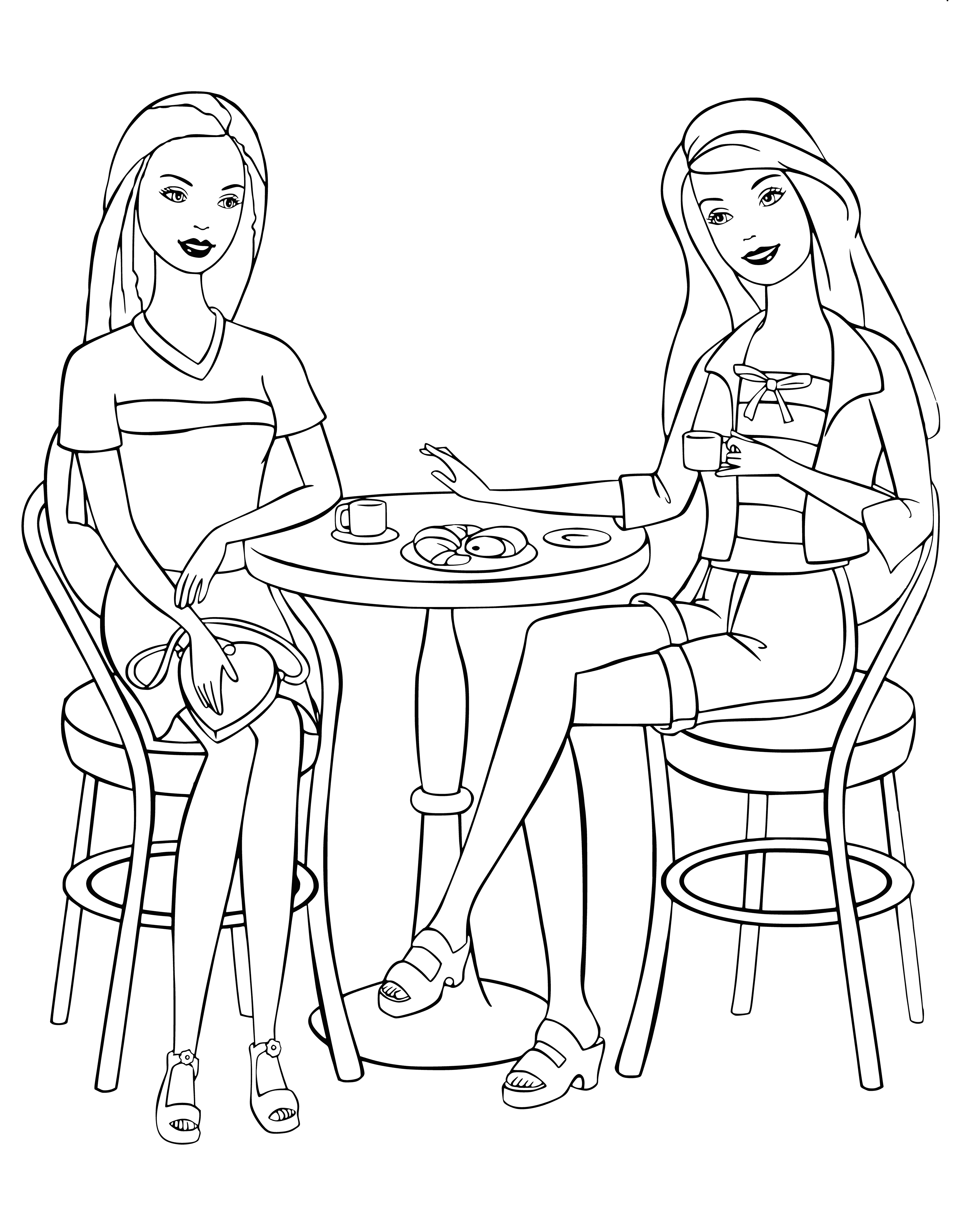 kleurplaat: Twee Barbies zitten aan een ronde tafel in een café, genieten van drankjes en snoepjes.