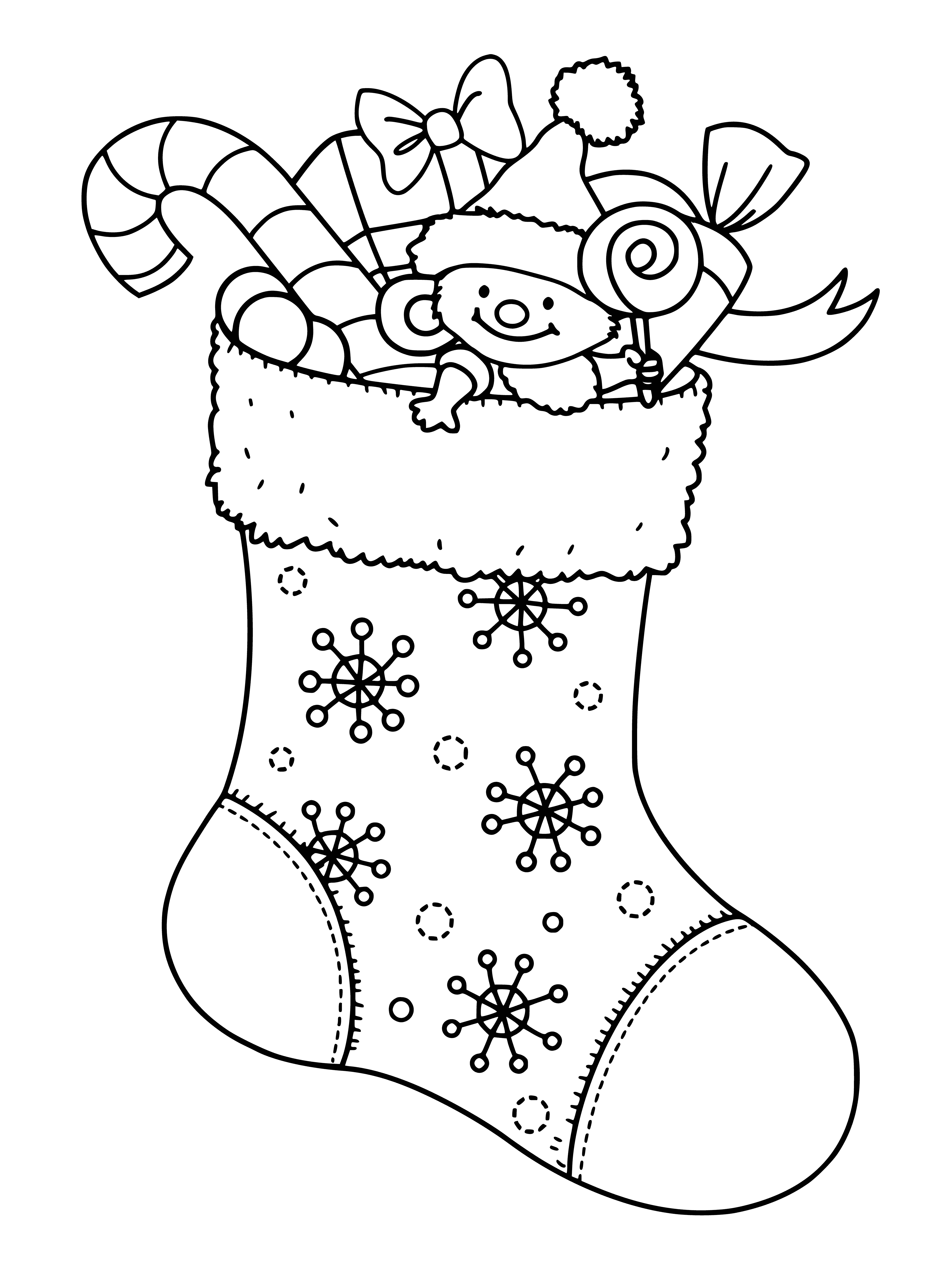 boyama sayfası: Tatlılar ve oyuncaklarla renkli Noel sock