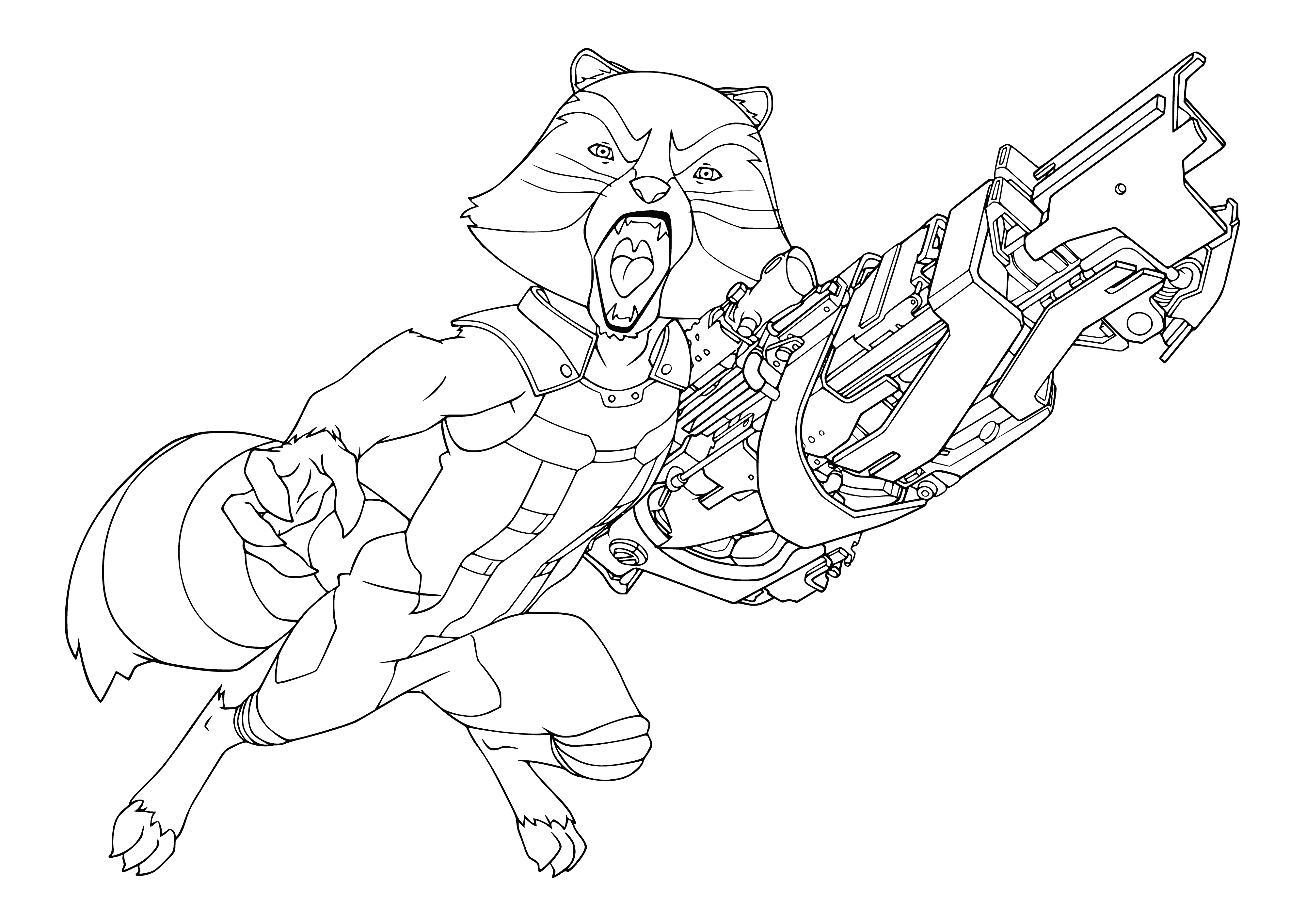 coloring page: Raccoon Rocket, Guardians of the Galaxy character with big weapons