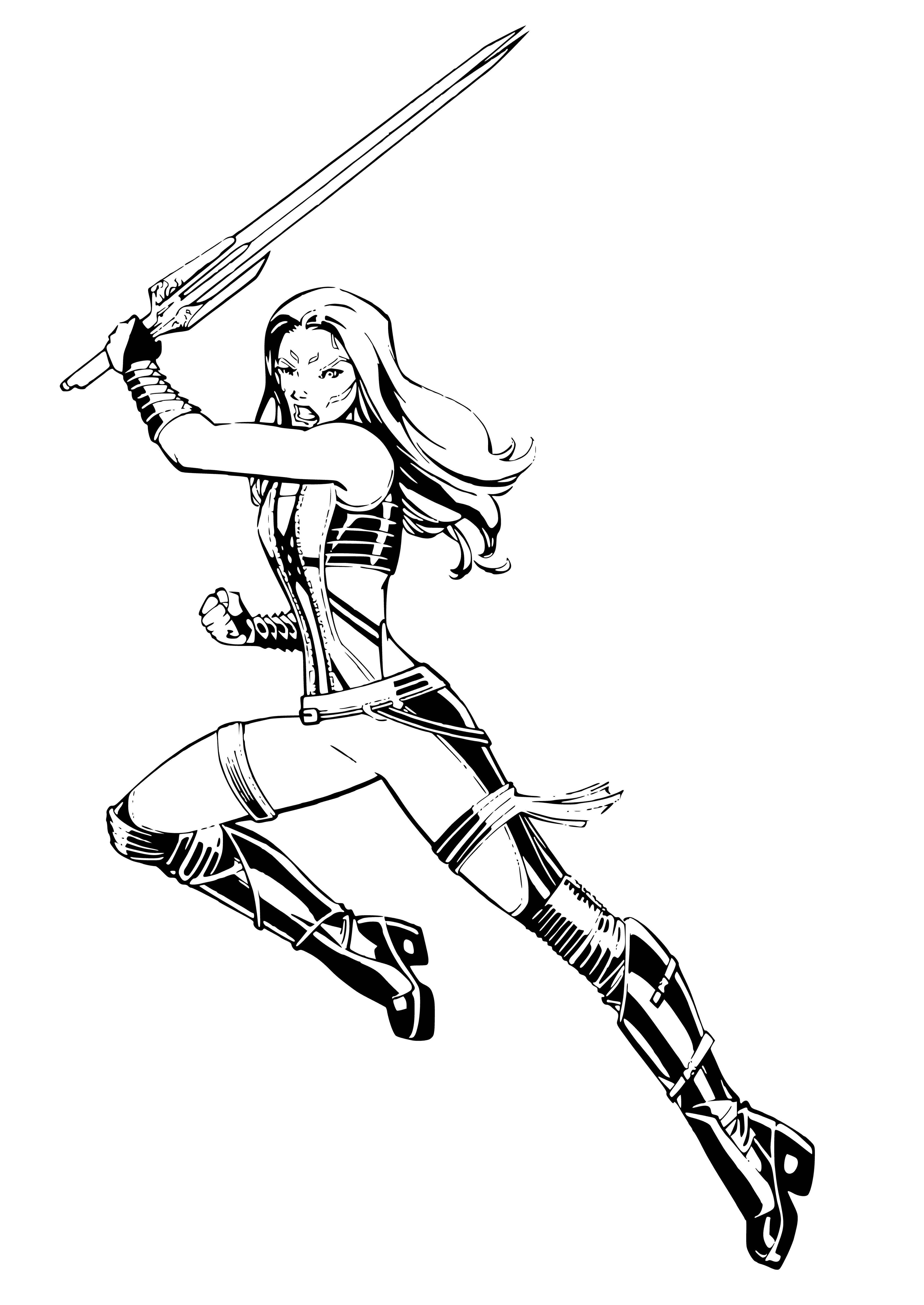 coloring page: Gamora from the Guardians of the Galaxy with a sword in a combat attacking position