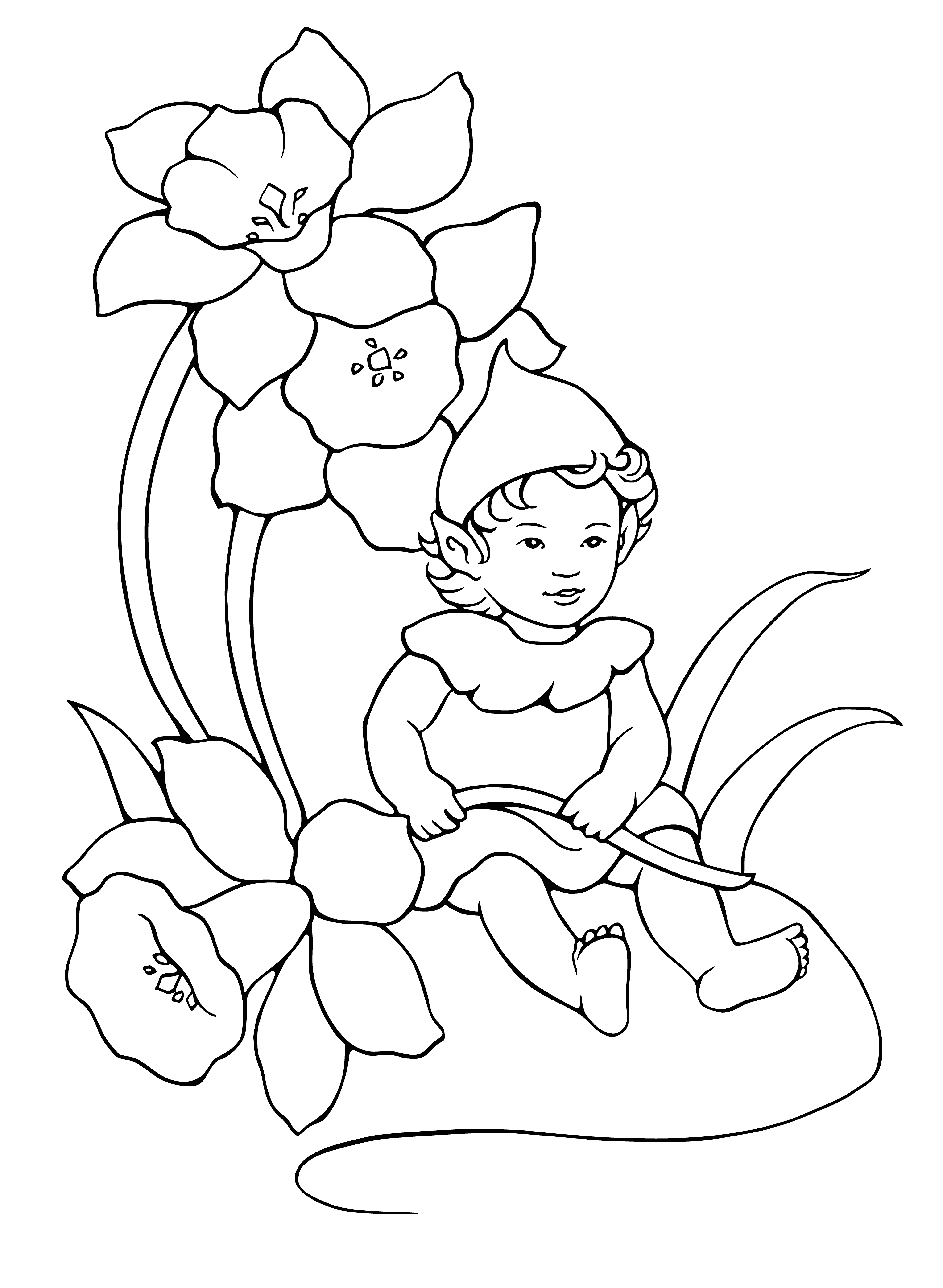 kleurplaat: Tekening van een baby elf tussen bloemen