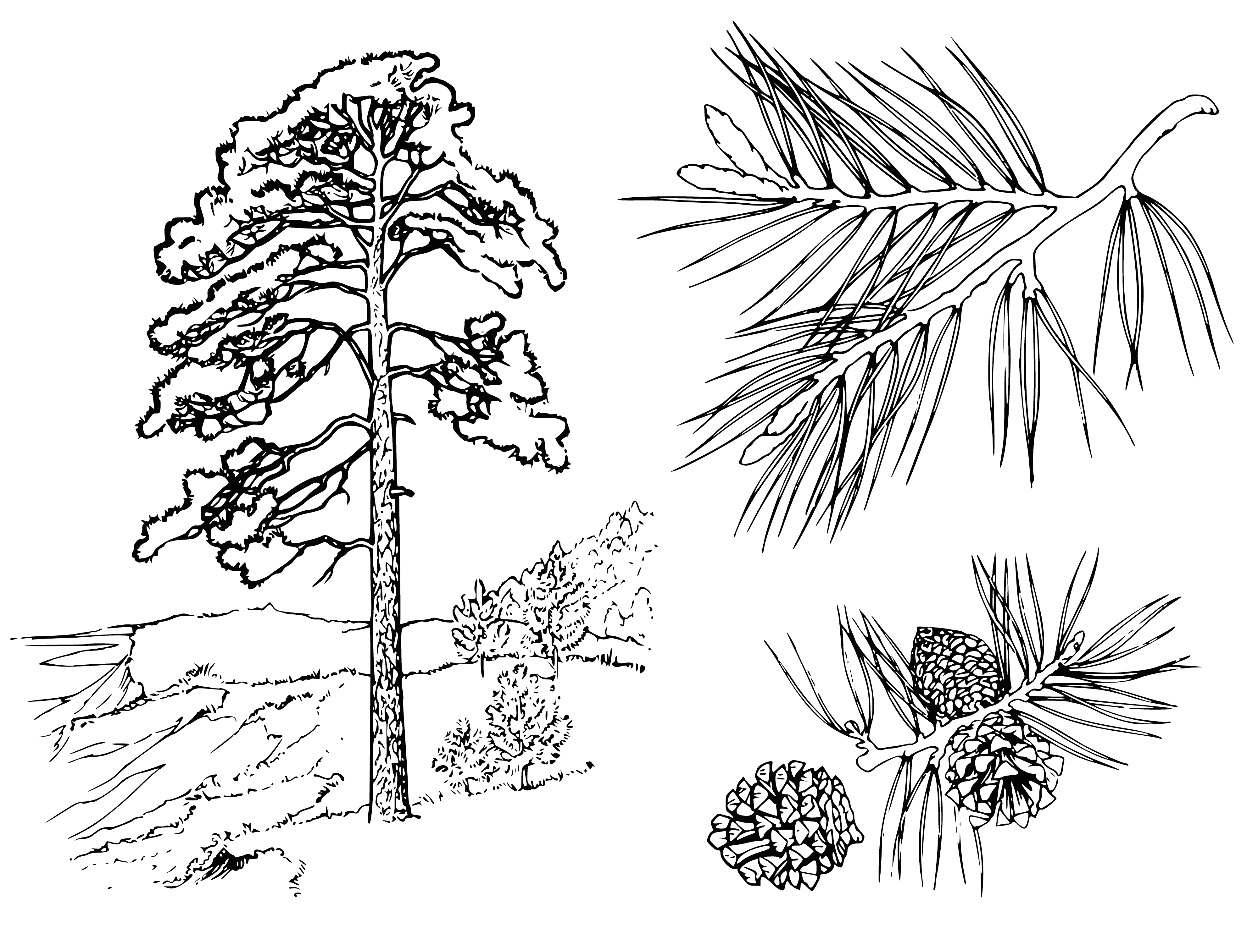 coloring page: Pine tree with branches and cones