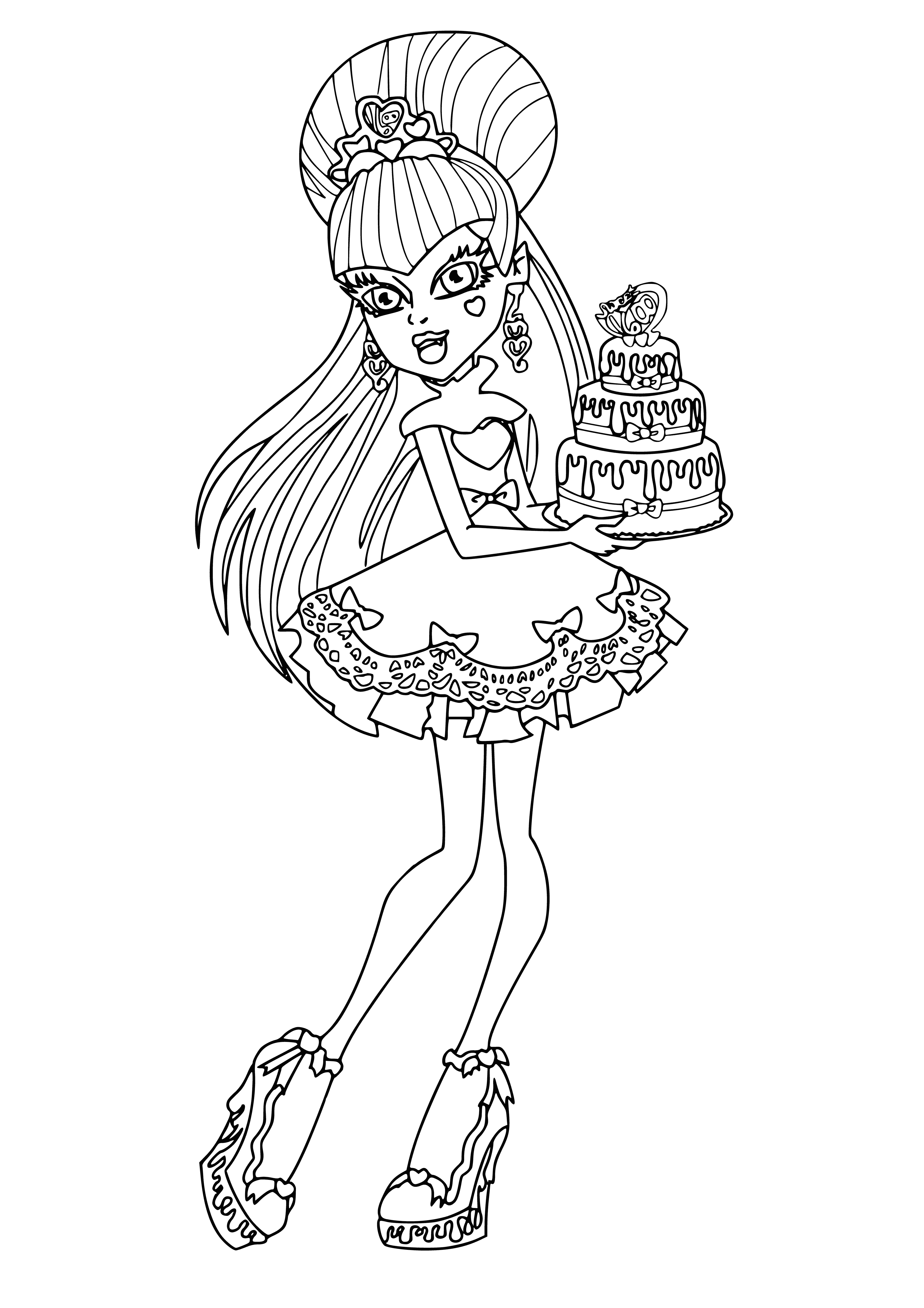 coloring page: Draculaura holds the cake in her hands