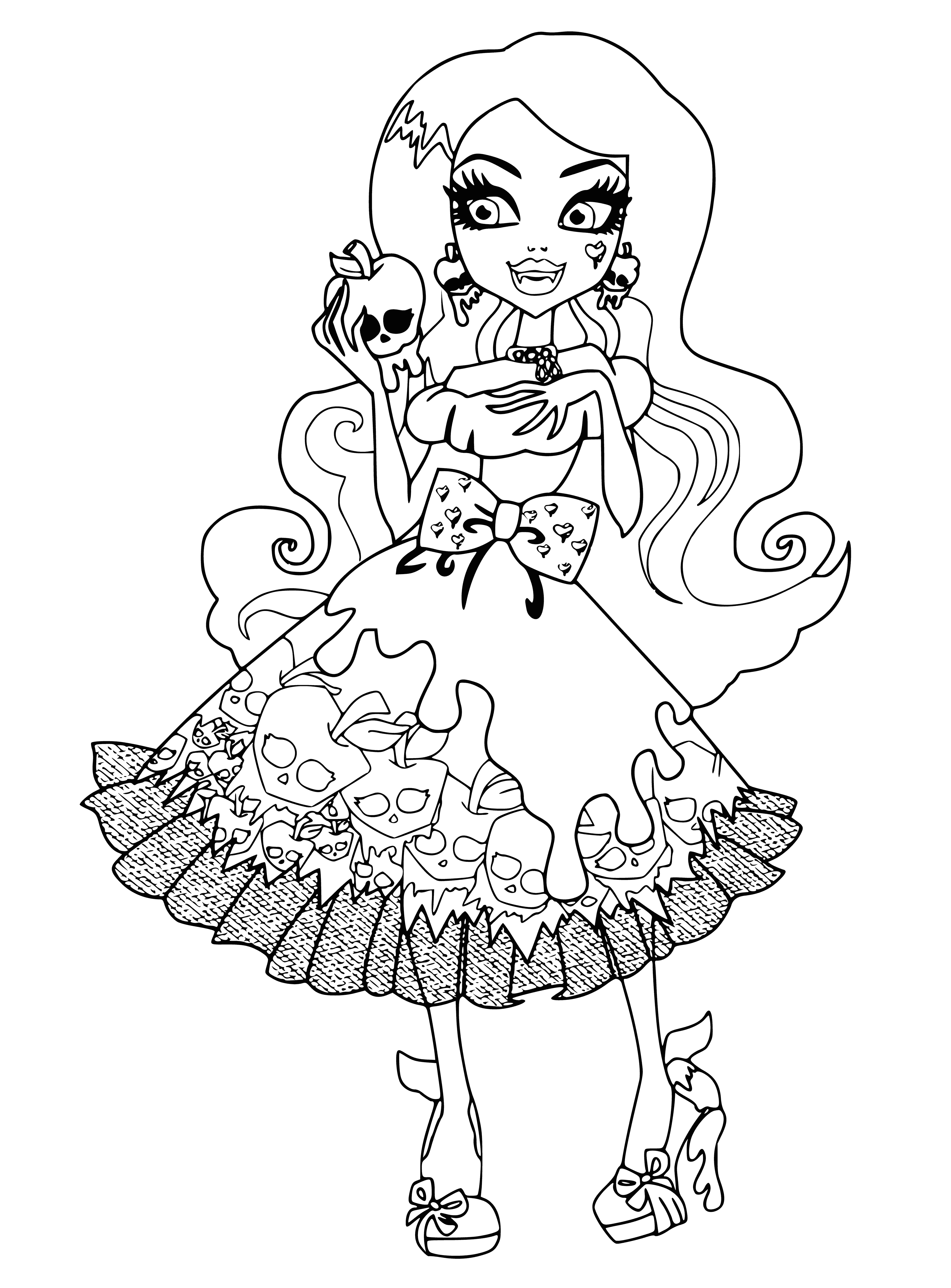 coloring page: Coloring Draculaura with a skull in hand and a dress with skulls