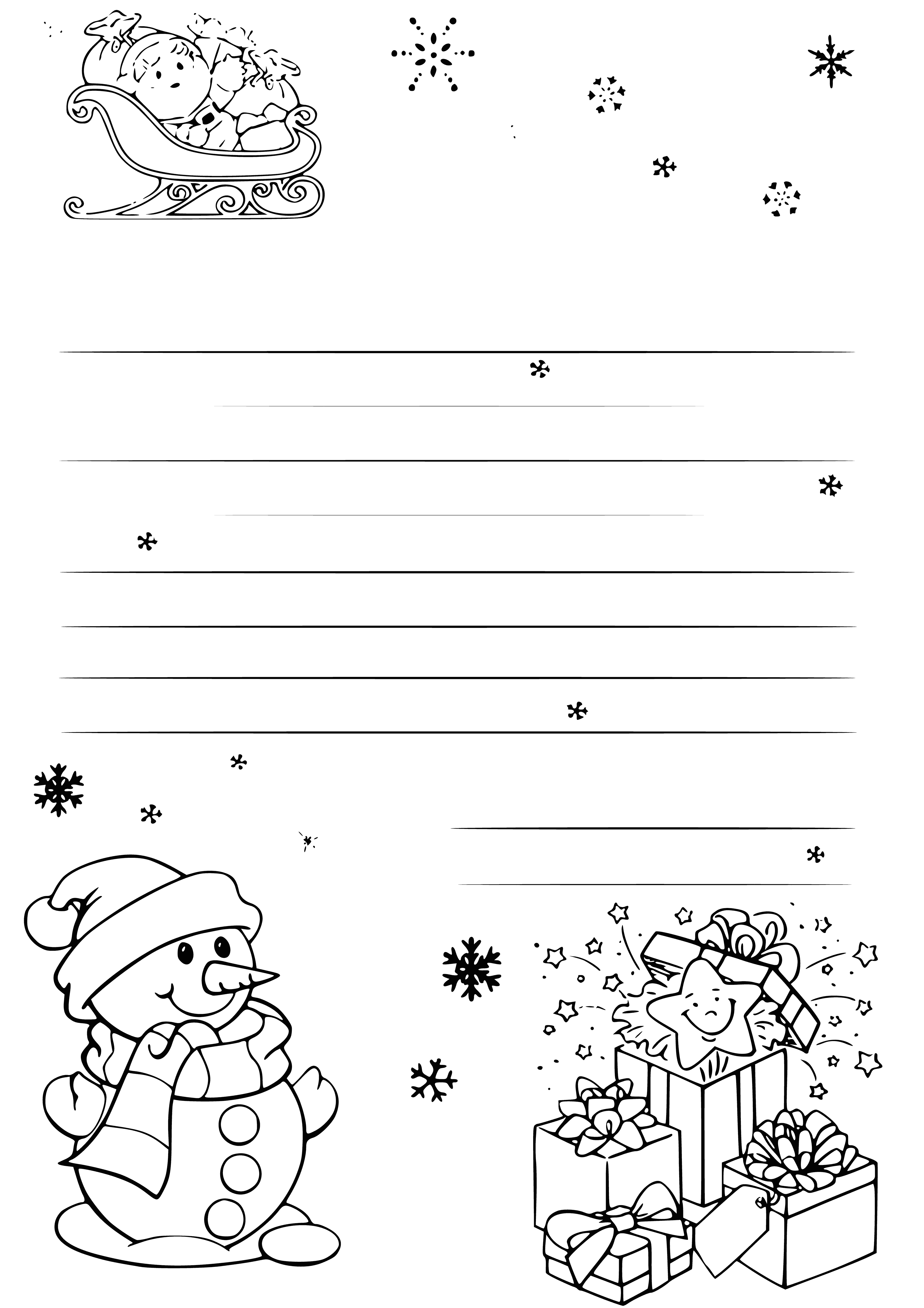 Carta colorida para Papai Noel, boneco de neve e presentes