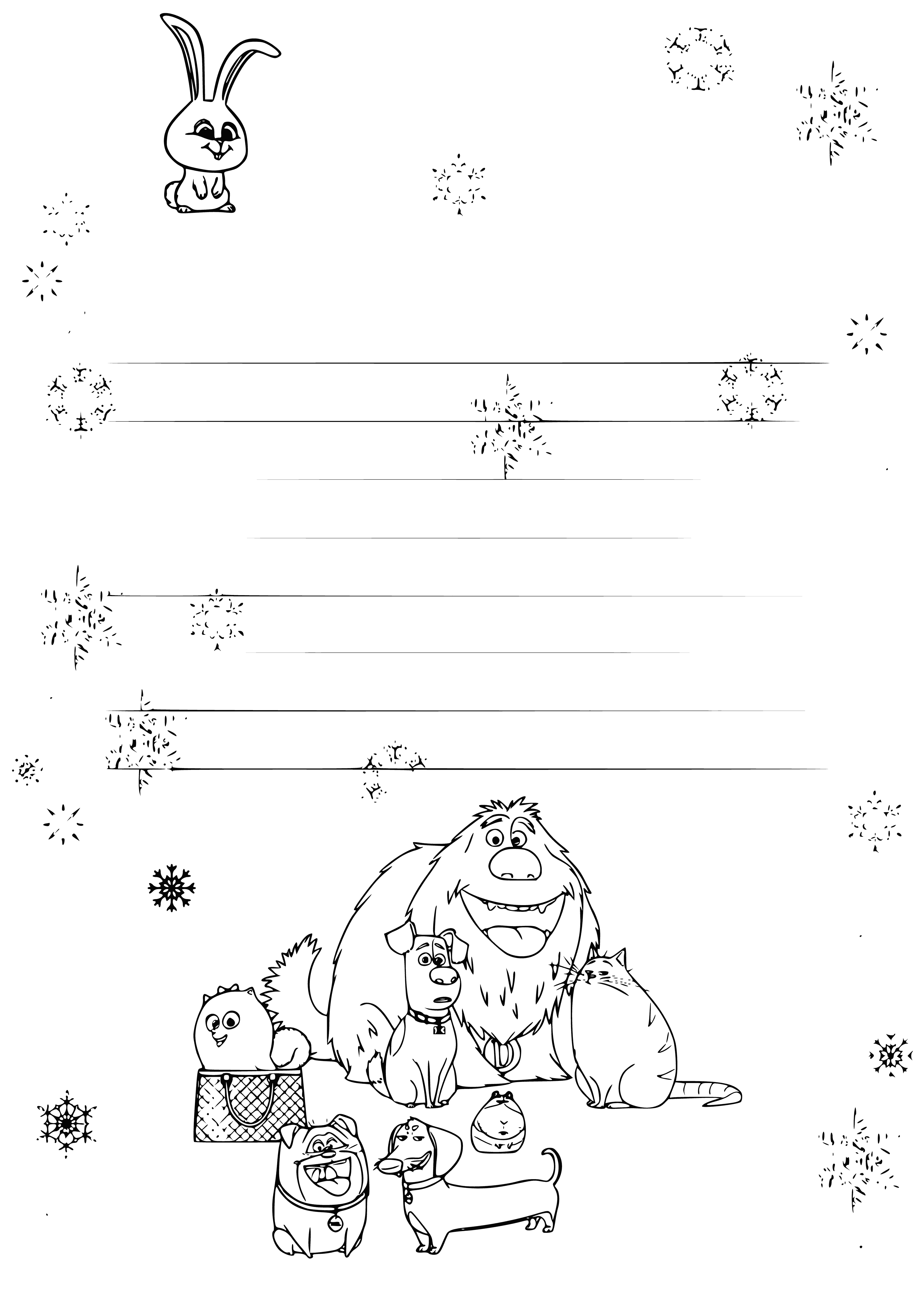 Carta ao Papai Noel com personagens e flocos de neve decorativos.