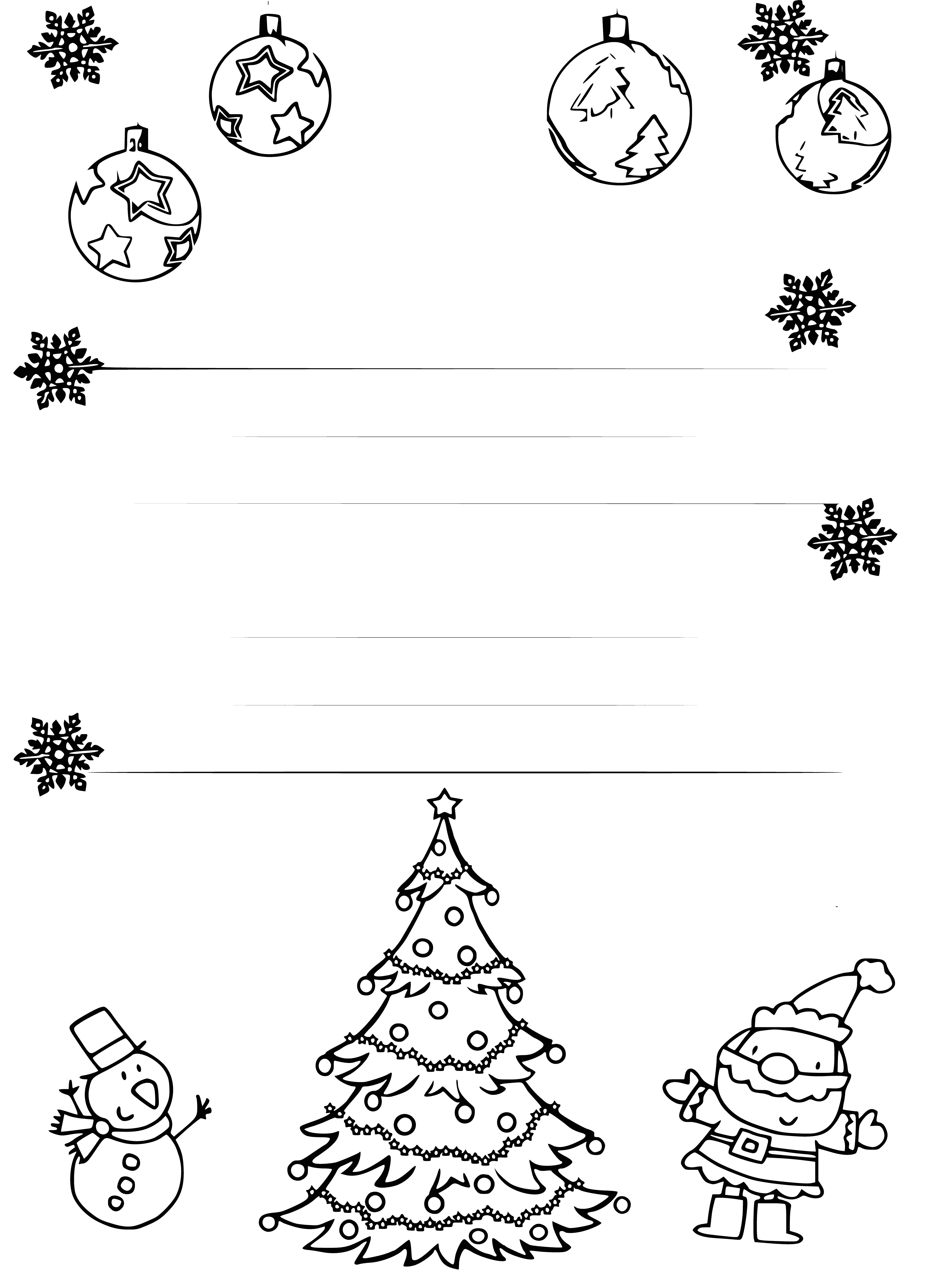 Colorir: Uma carta ao Pai Natal retratando uma árvore, um boneco de neve e Papai Noel.