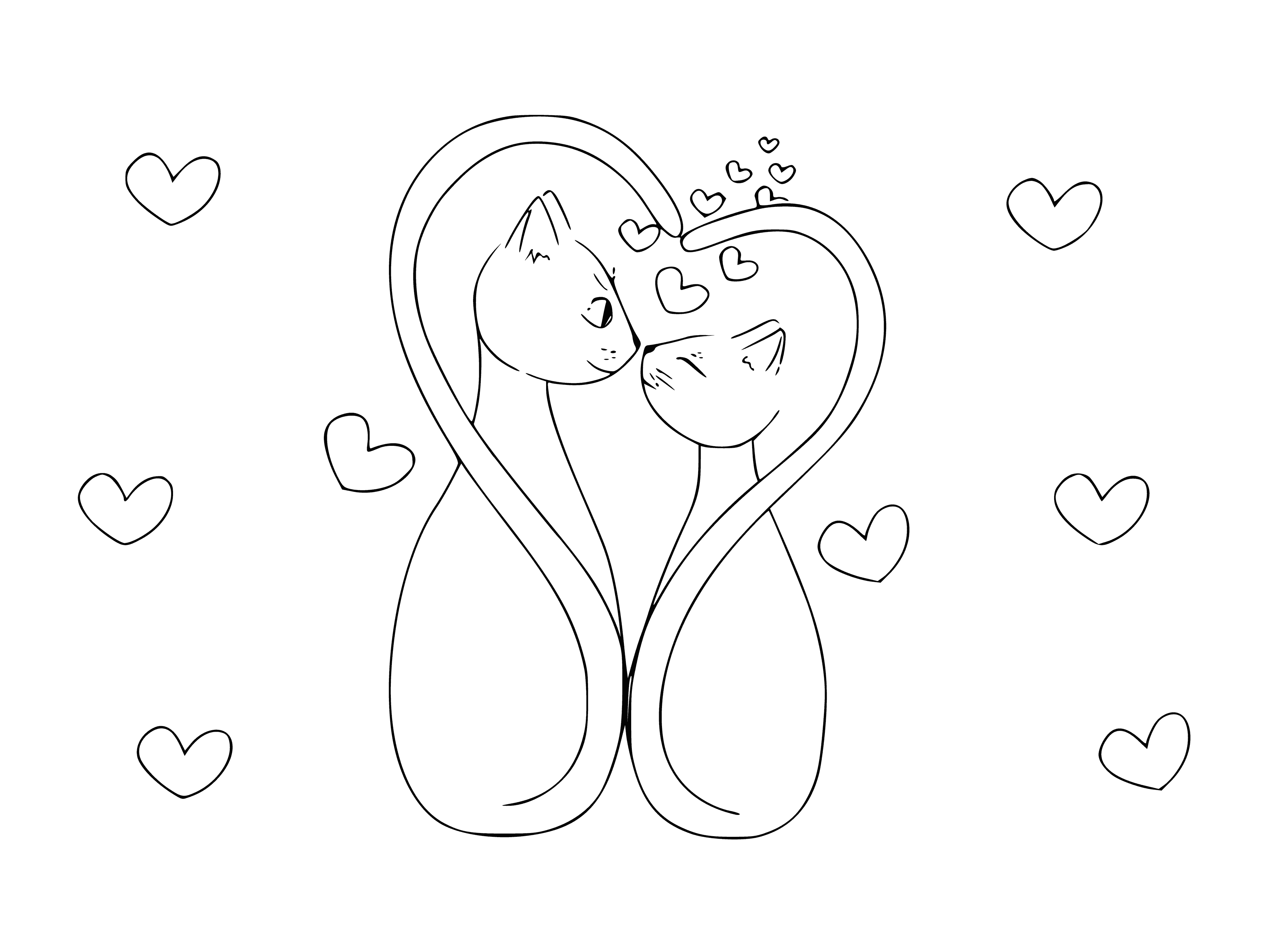 coloring page: Drawing of love cats with hearts in the background