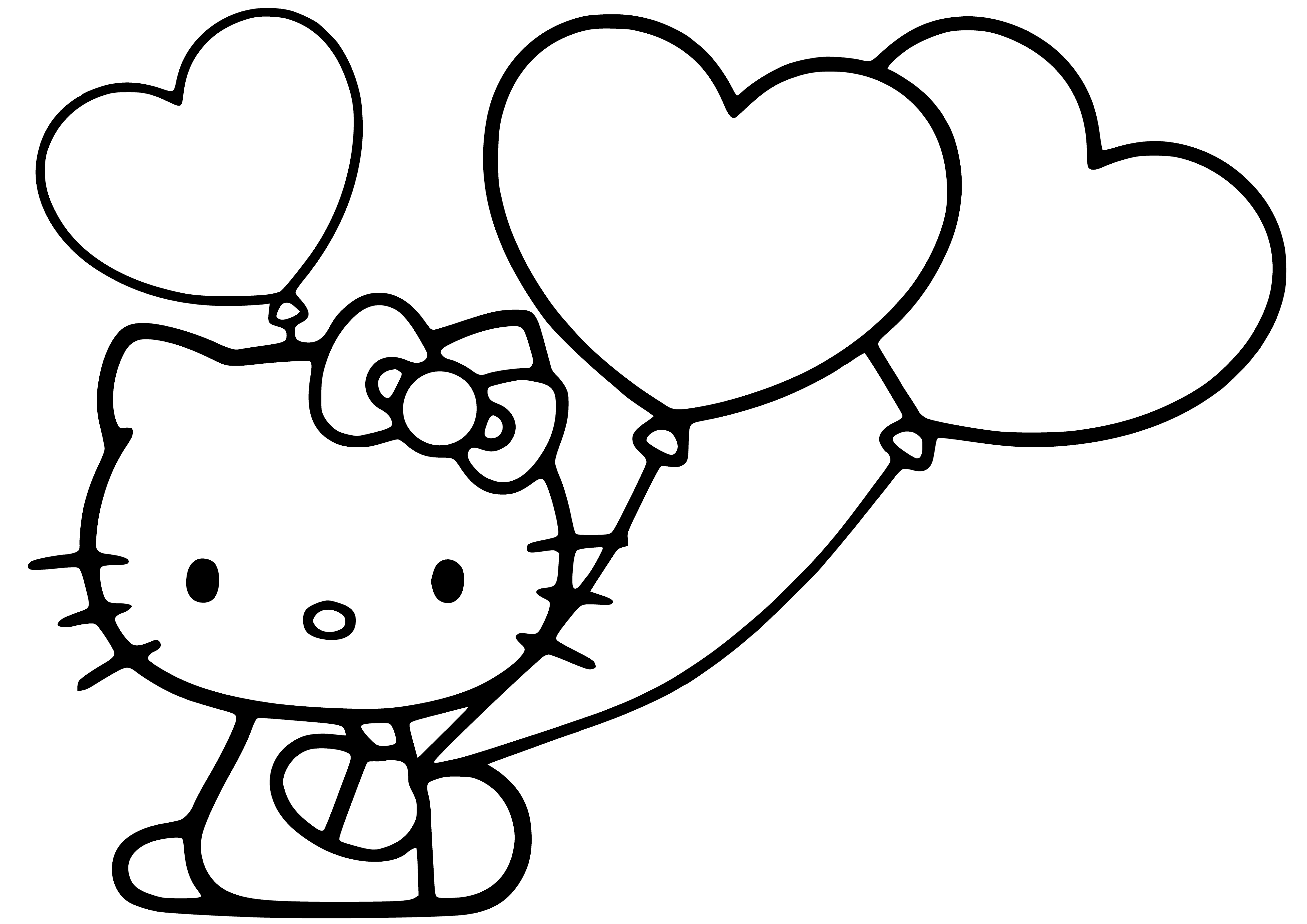 coloring page: Hello Kitty holds three heartballs on Valentine's Day