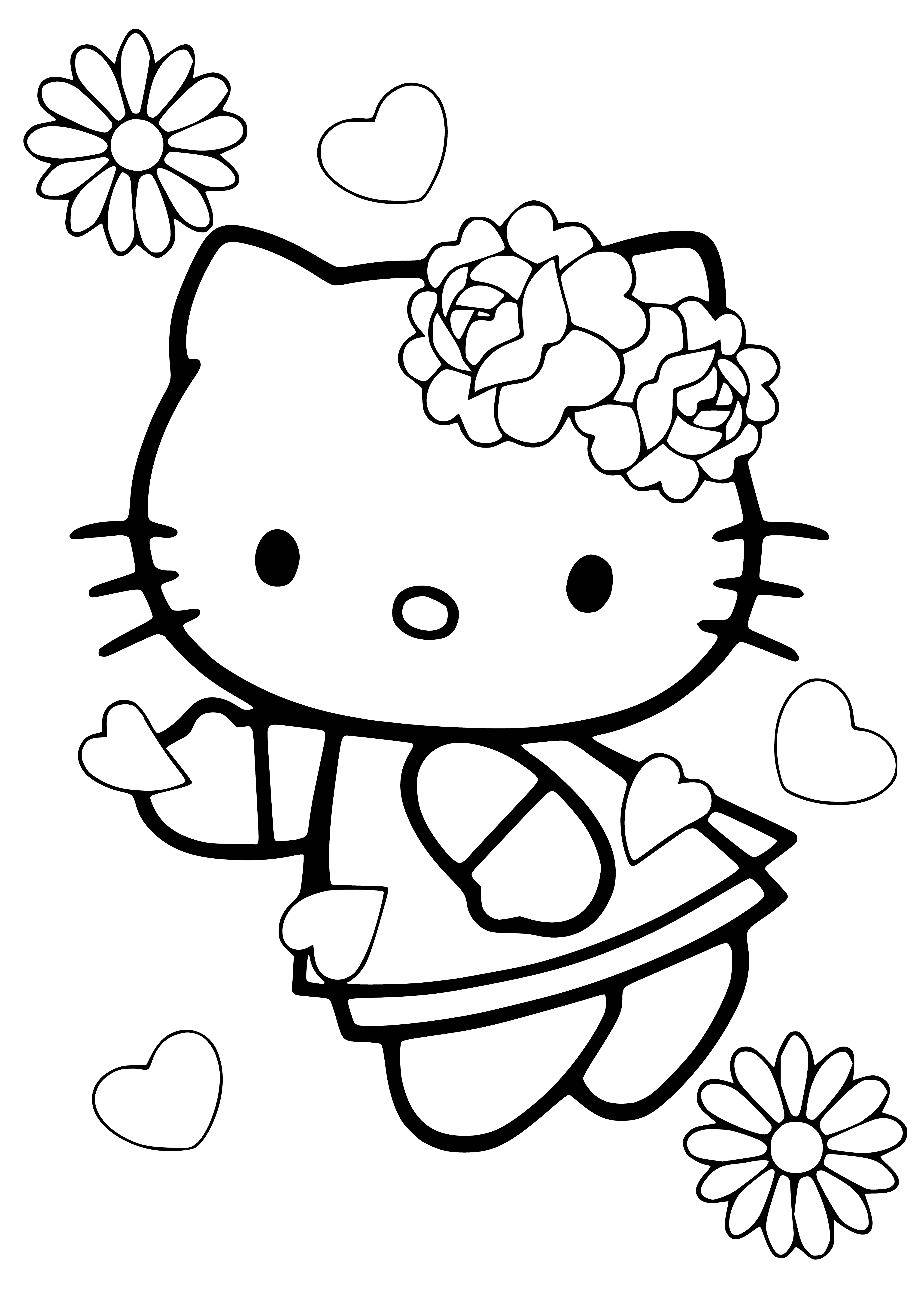 coloring page: Hello Kitty with flowers and hearts