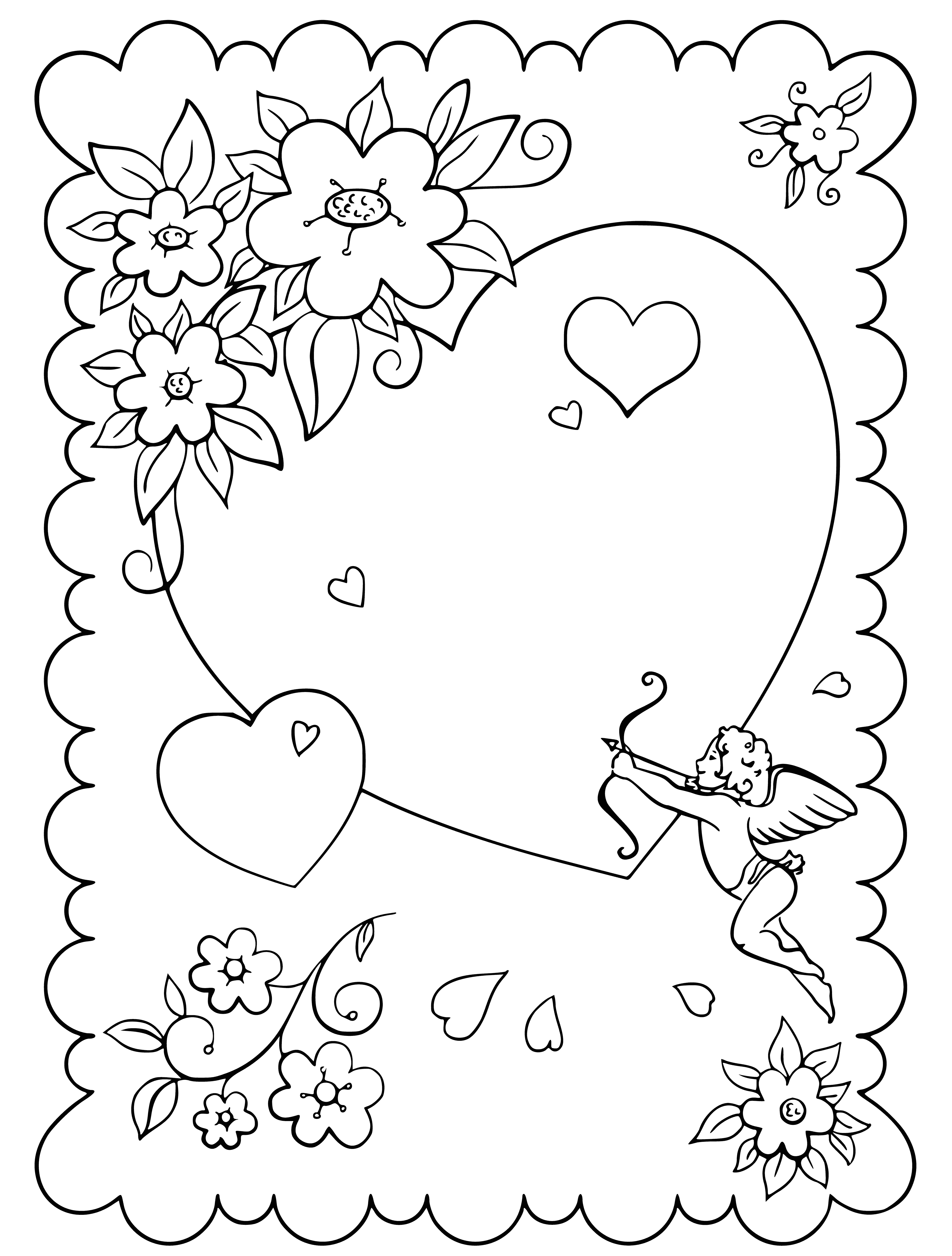 coloring page: Card with heart and cupid for coloring