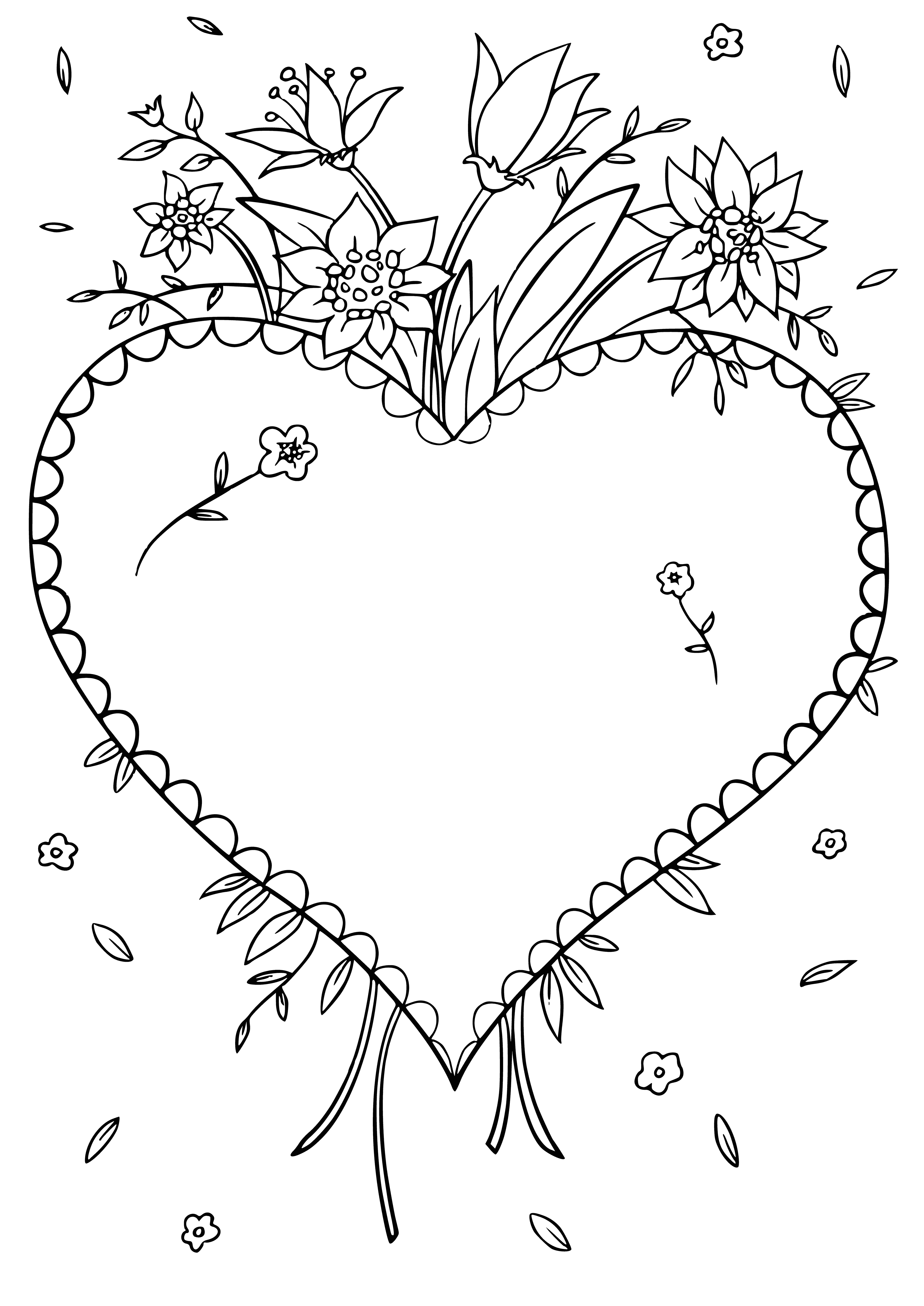 coloring page: Heart drawing with flowers for Valentine's Day coloring