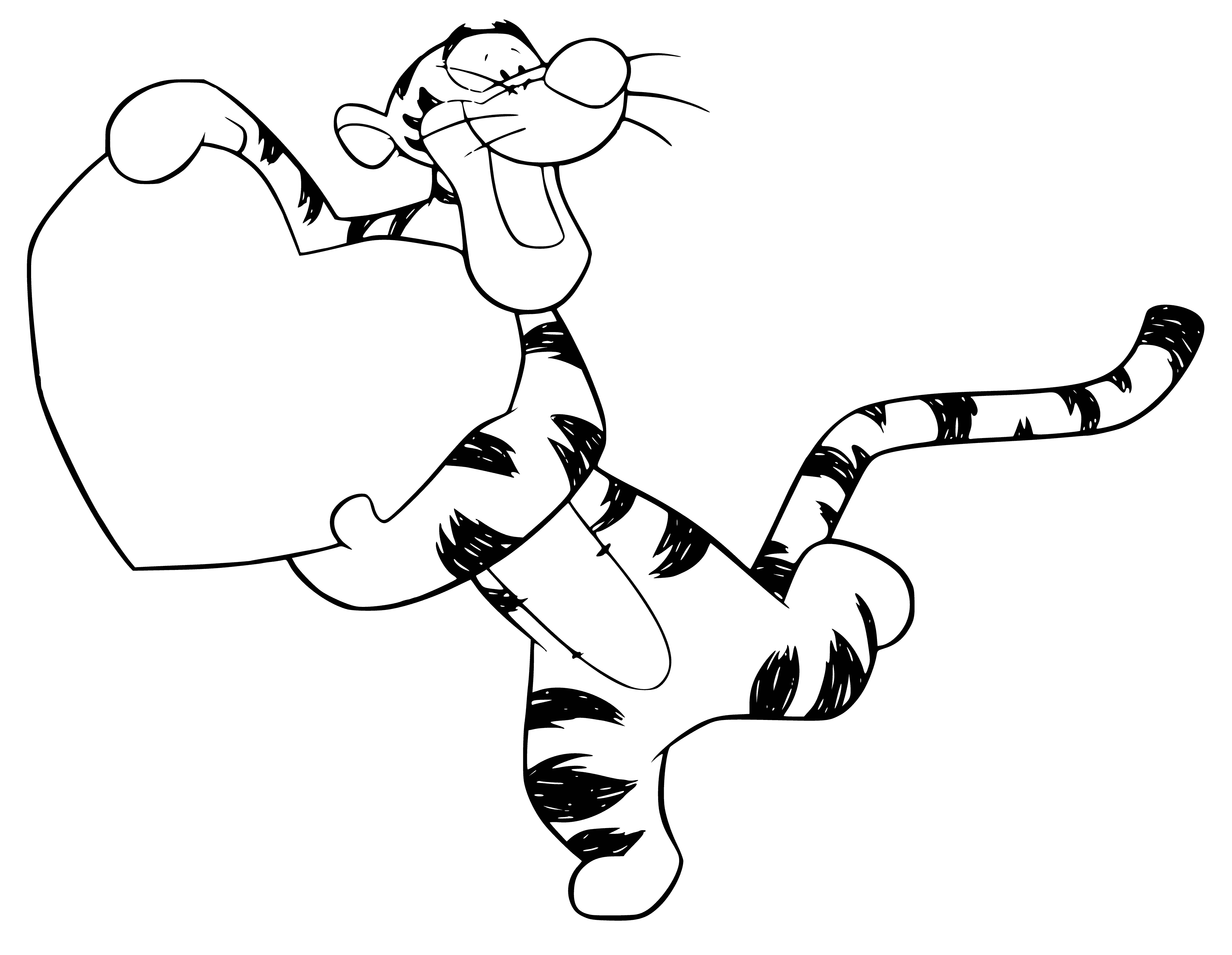 coloring page: Tigger holds heart for Valentine's Day