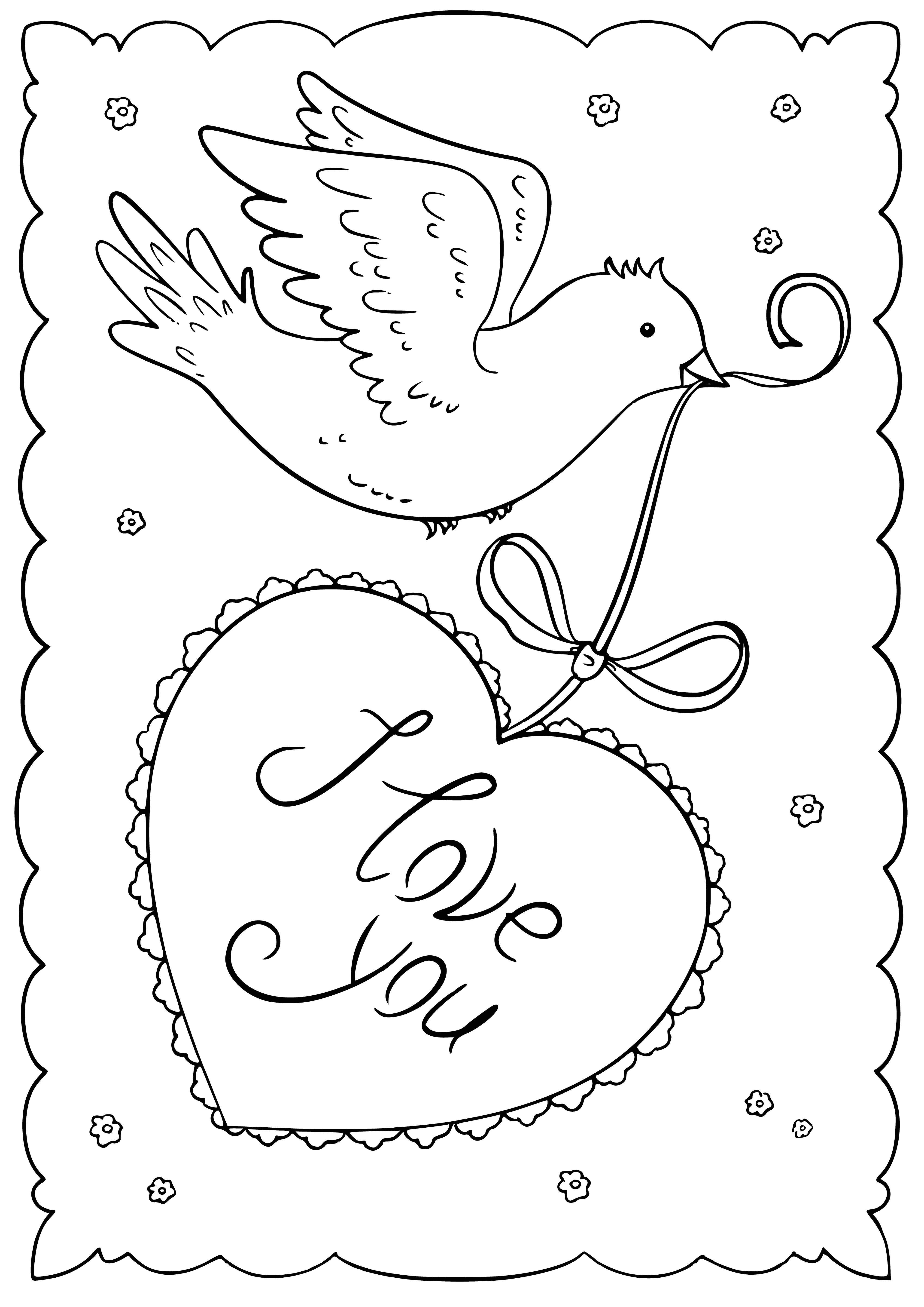 coloring page: Drawing a card with a bird and heart for Valentine's Day