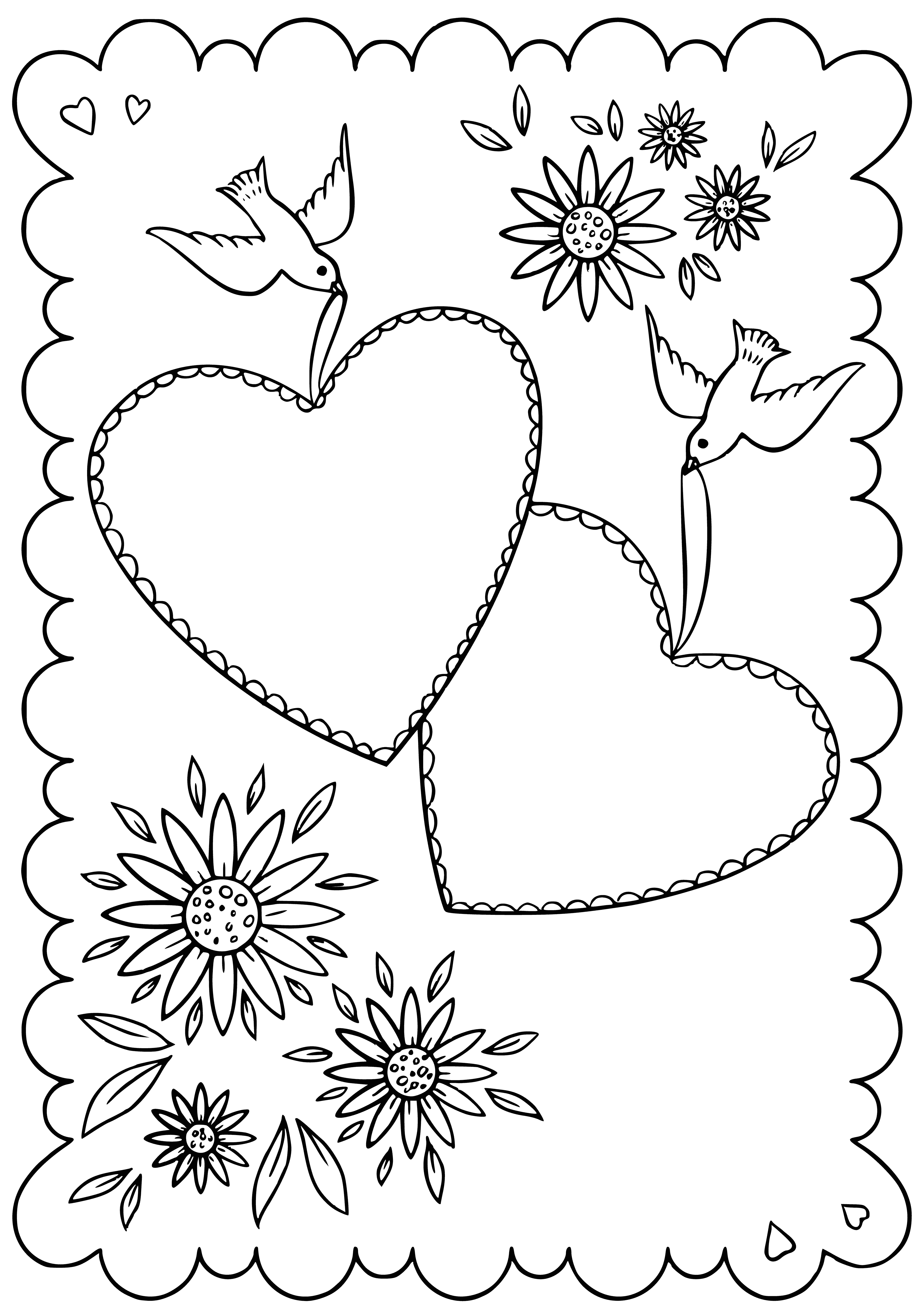 coloring page: Drawing a Valentine's Day card with hearts and flowers