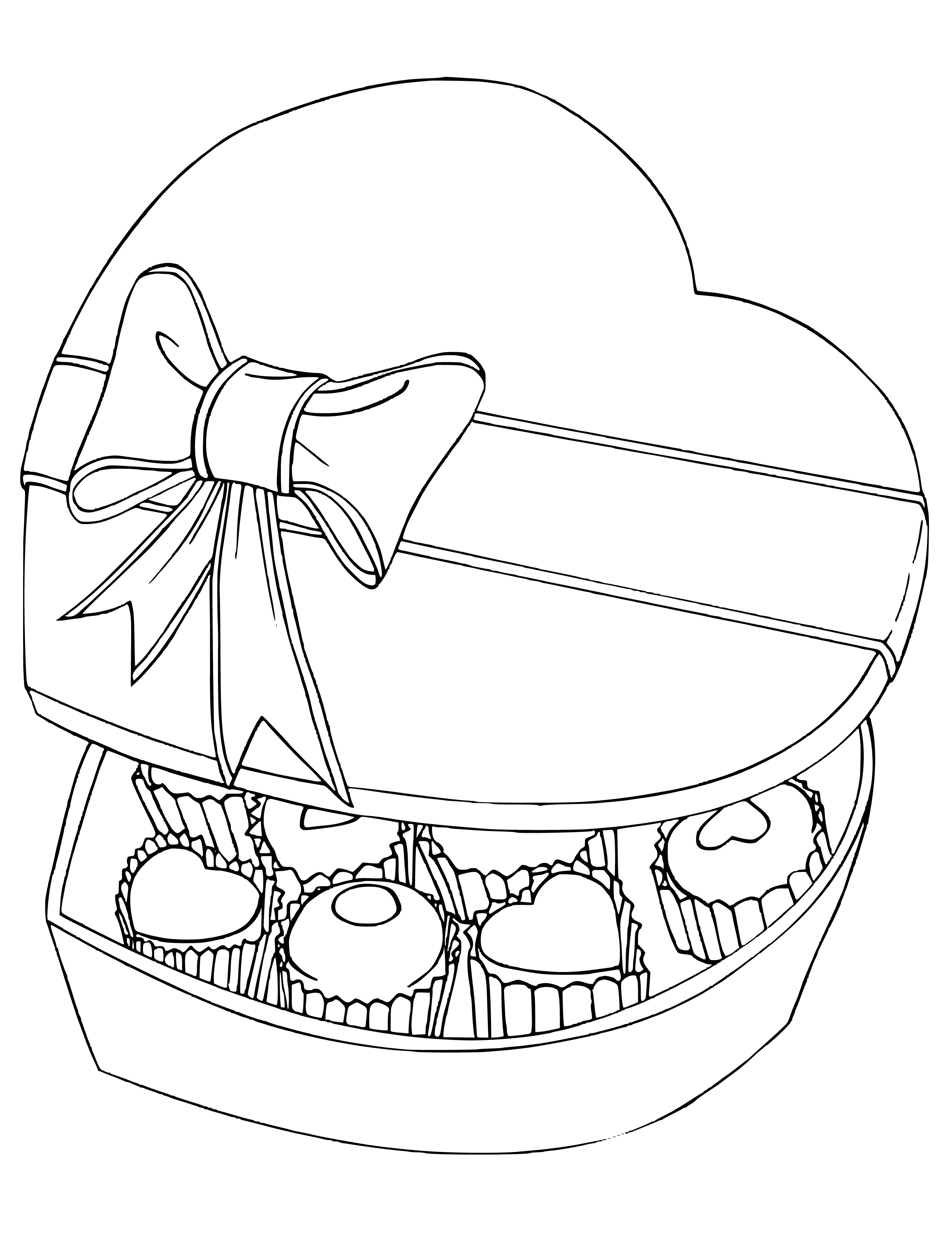 coloring page: Heart-shaped box with chocolates for February 14 holiday