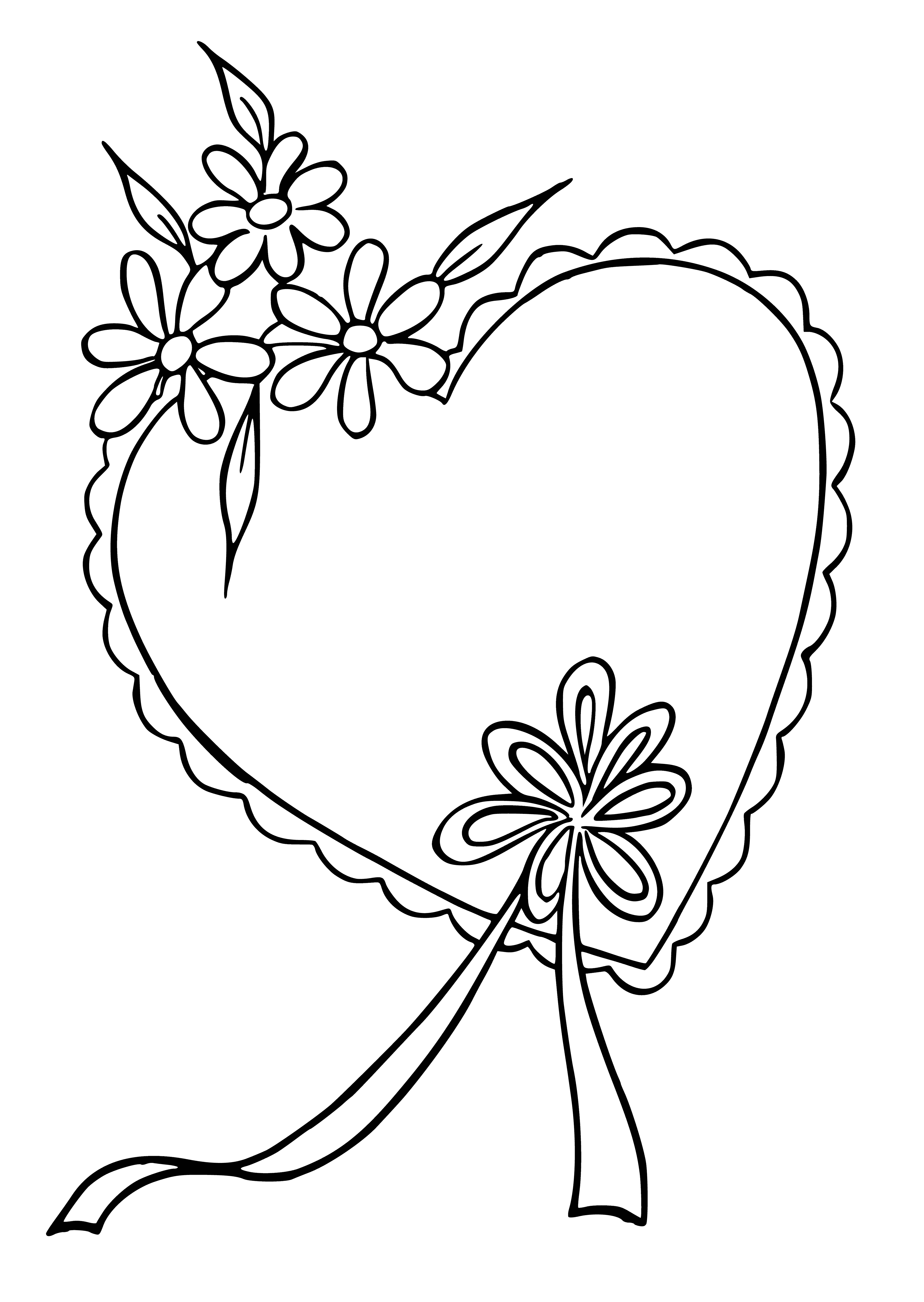 coloring page: Heart drawing with flowers and ribbon to paint for Valentine's Day