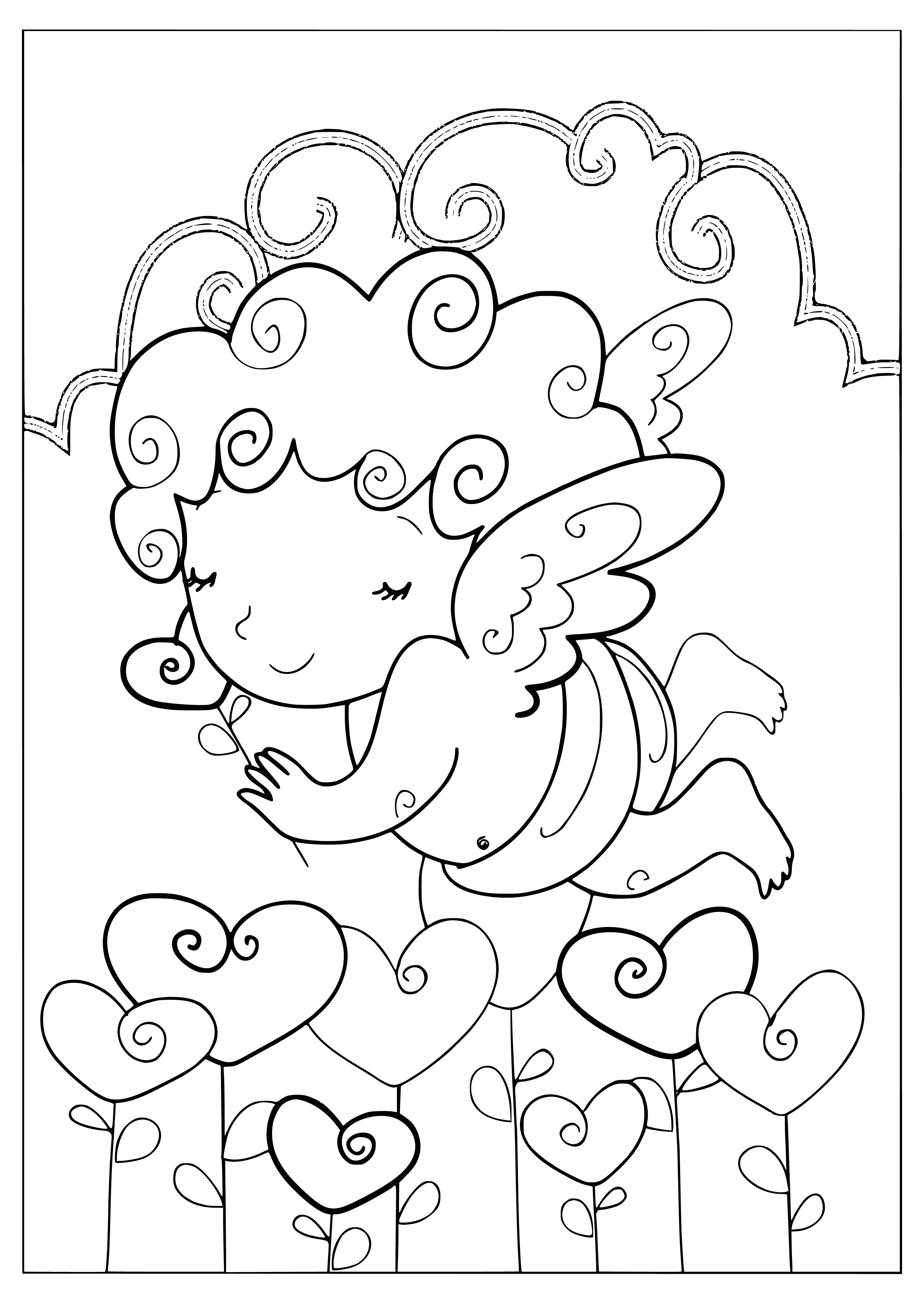 coloring page: Picture for coloring with an angel flying among the hearts