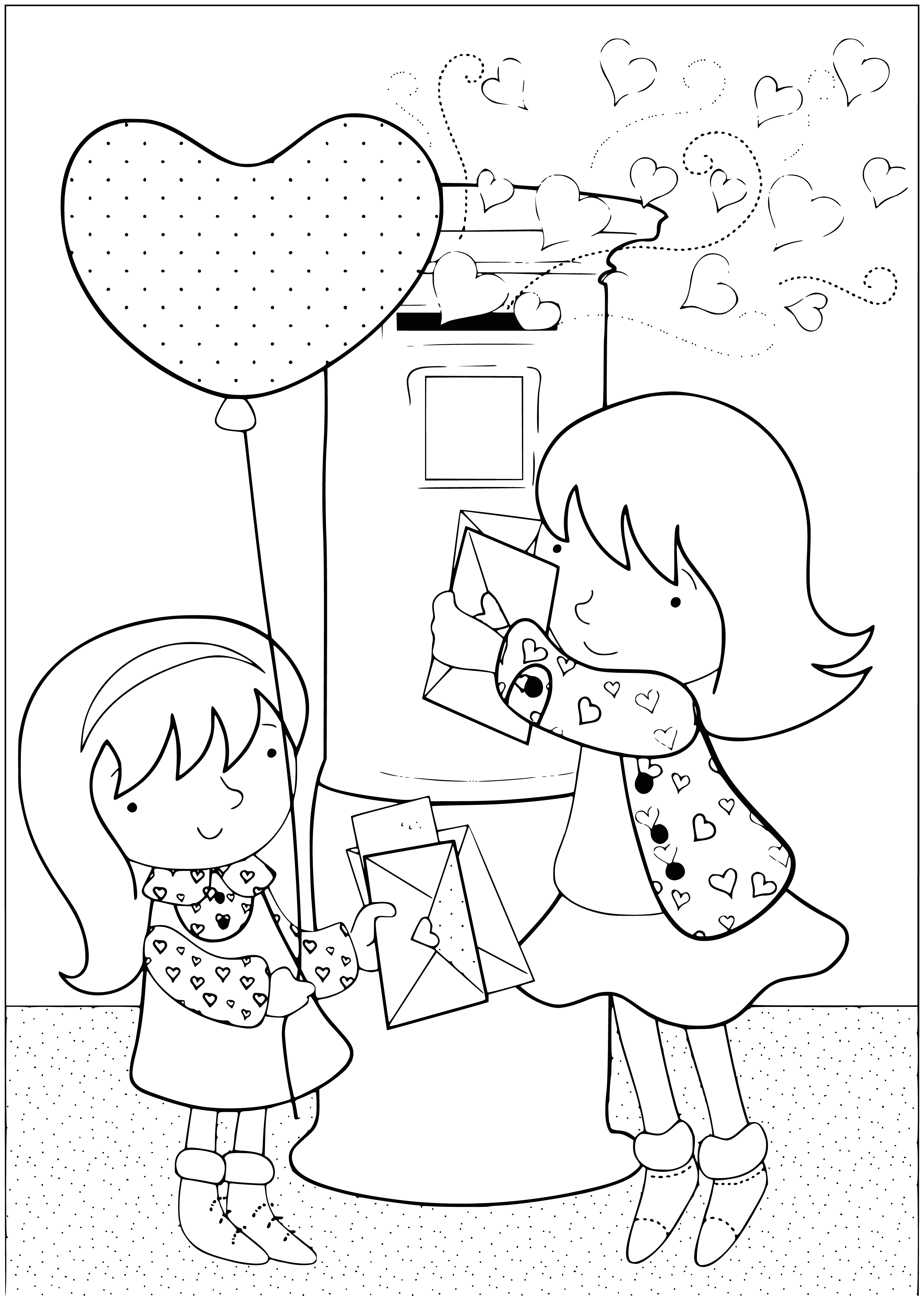 coloring page: Girls with valentines and an air heart