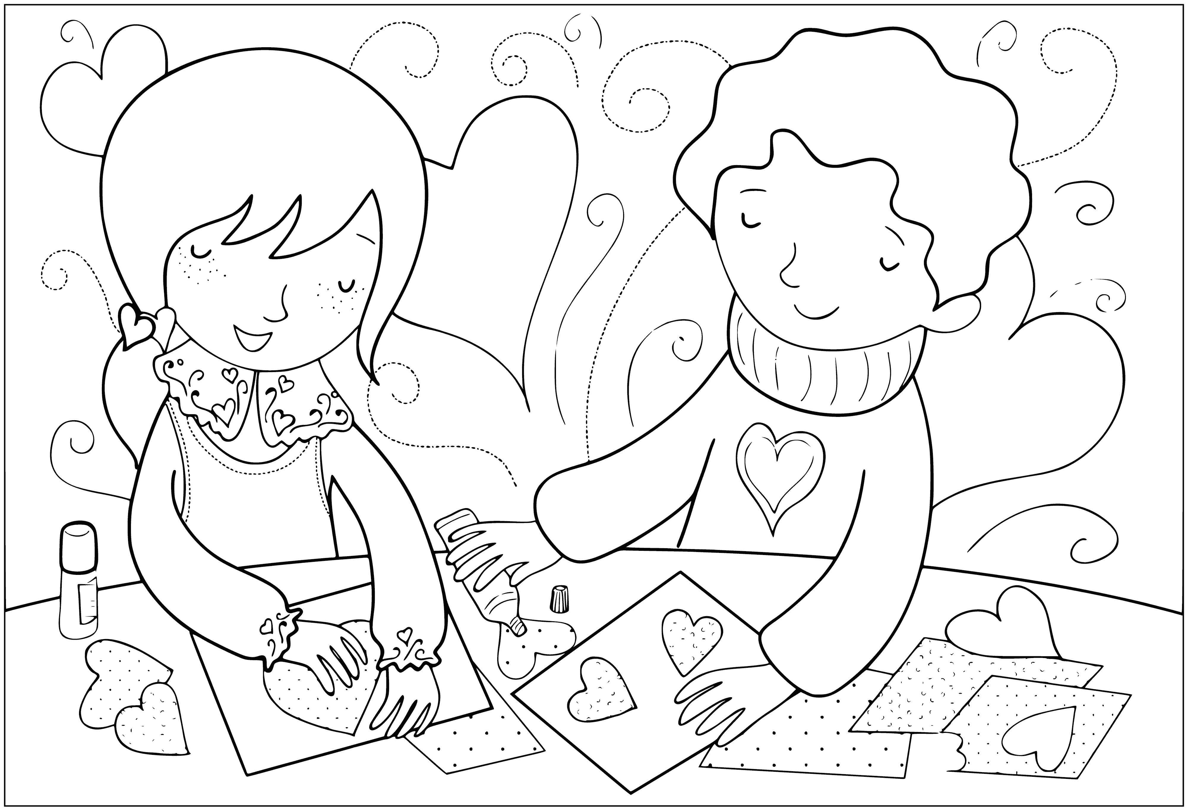 coloring page: Two kids making Valentine's Day valentines