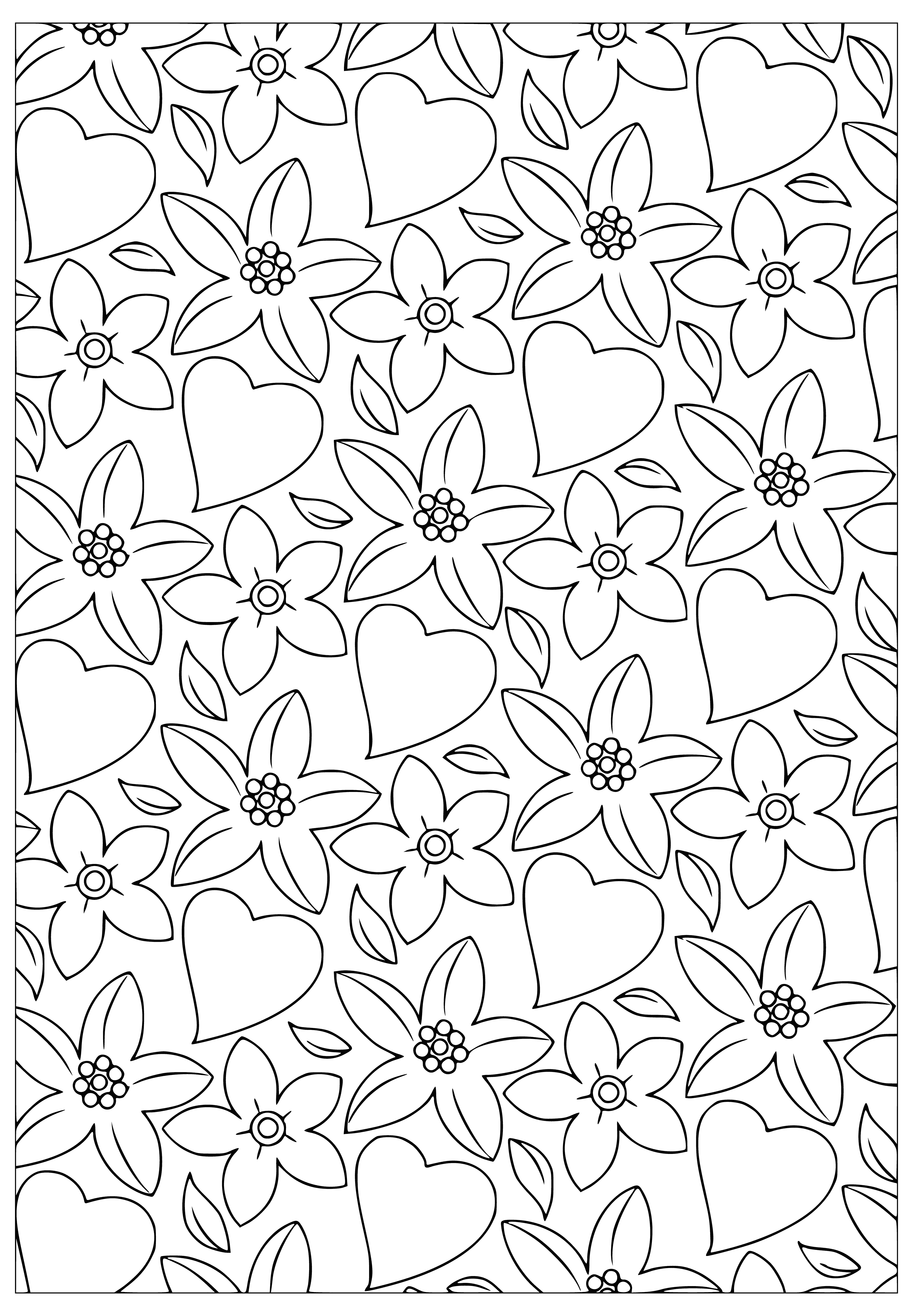 coloring page: Coloring with hearts and flowers for Valentine's Day